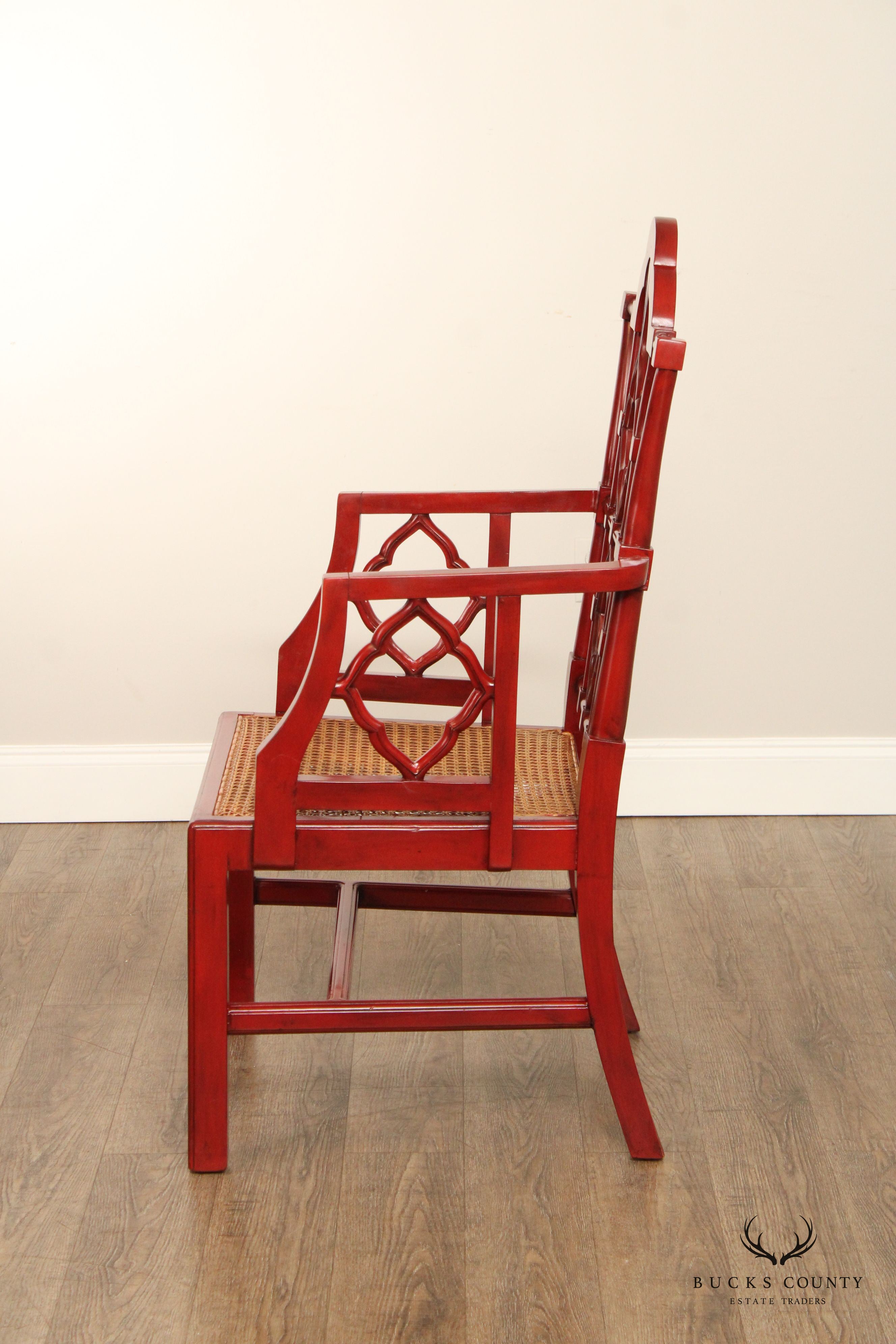 Chinese Chippendale Style Pair of Red Lacquered Dining Armchairs