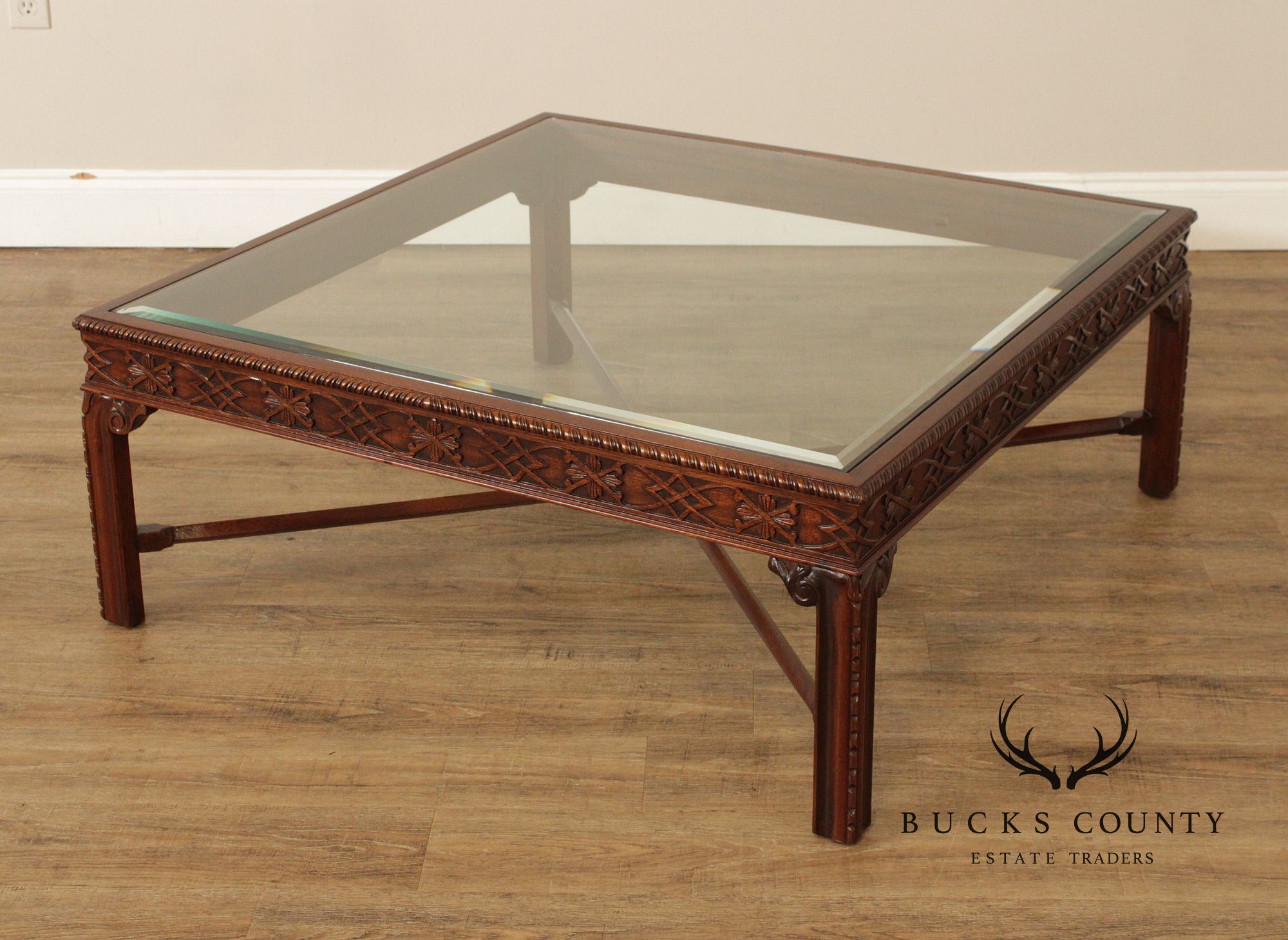 Chinese Chippendale Style Square Glass Top Coffee Table