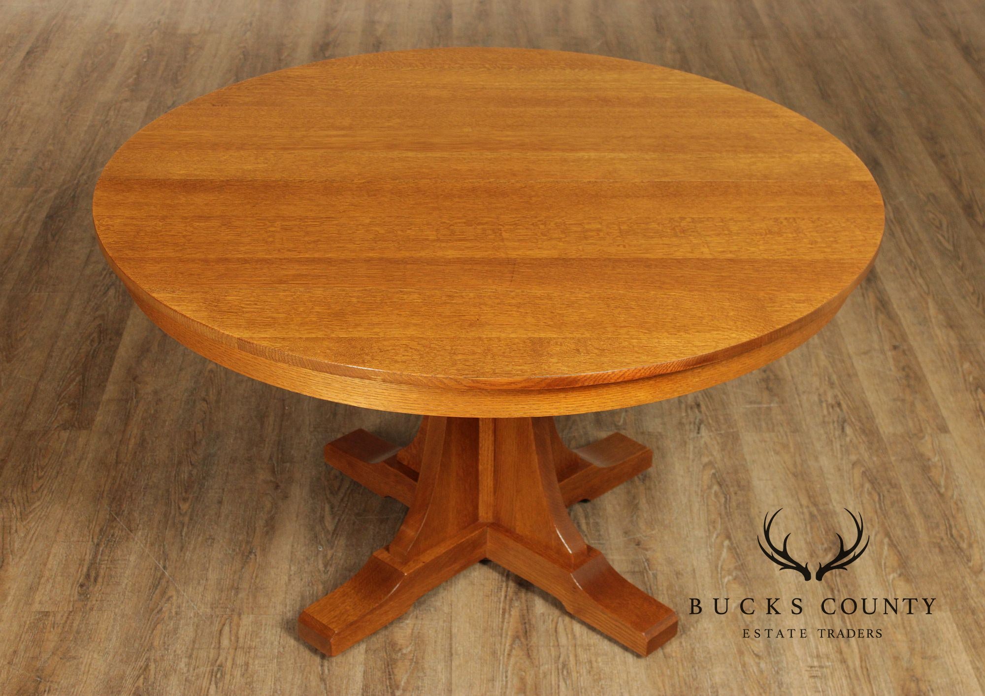 Stickley Mission Collection Round Oak Pedestal Expandable Dining Table