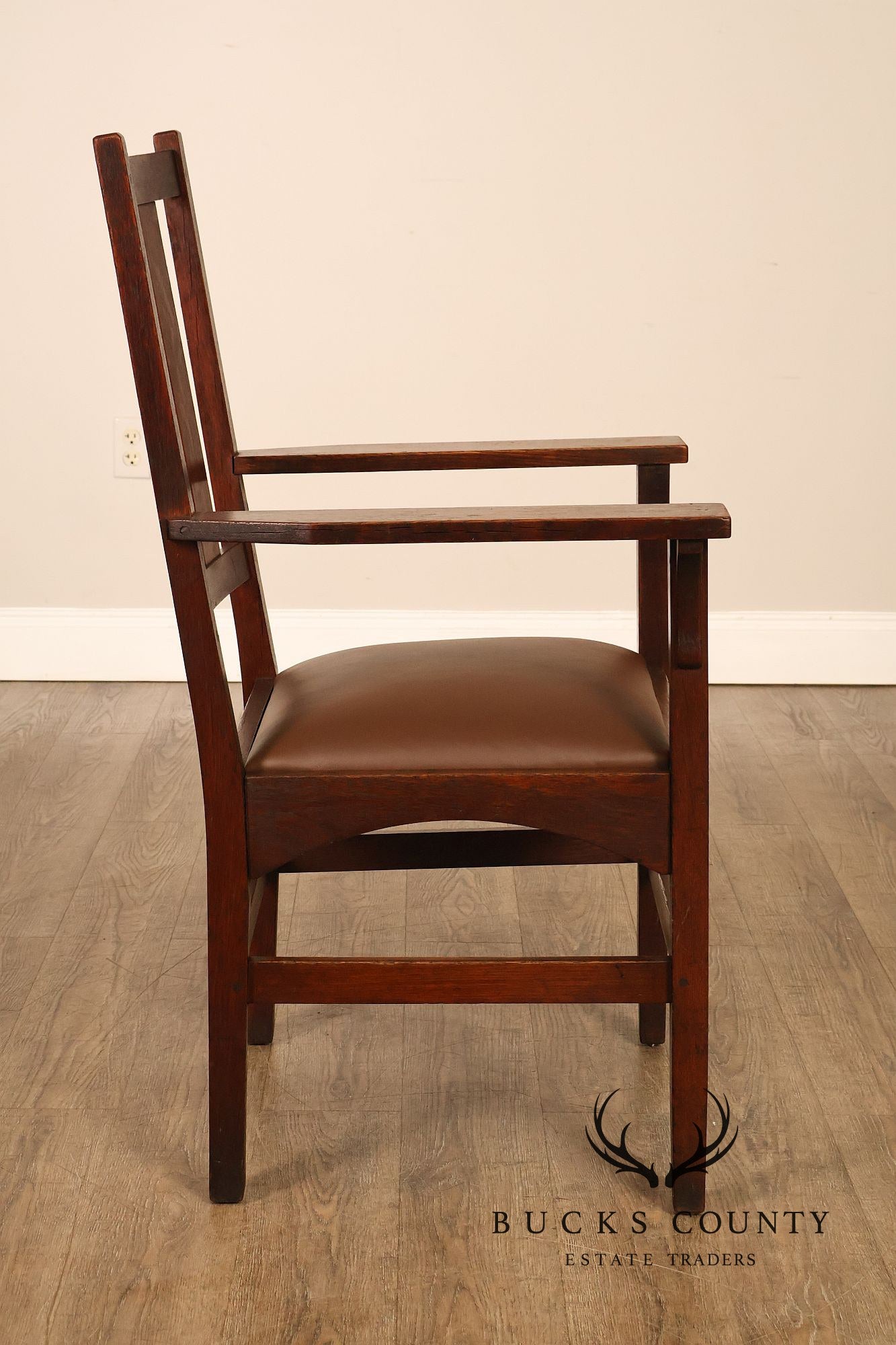 Antique  Gustav Stickley Harvey Ellis Arts And Crafts Mission Oak And Leather Armchair