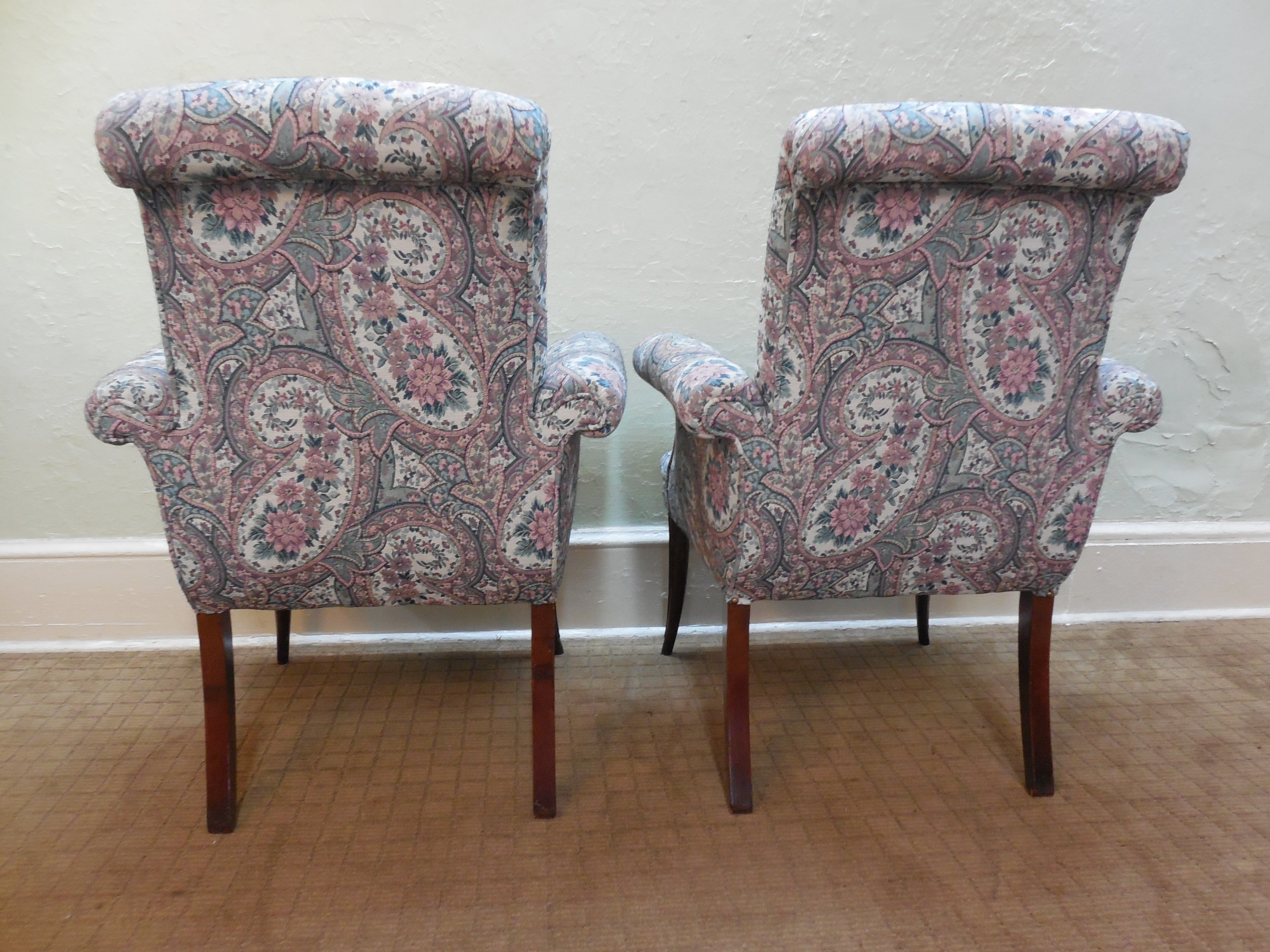 Antique 1920's Mahogany French Louis XV Style Pair Host Fire Side Arm Chairs