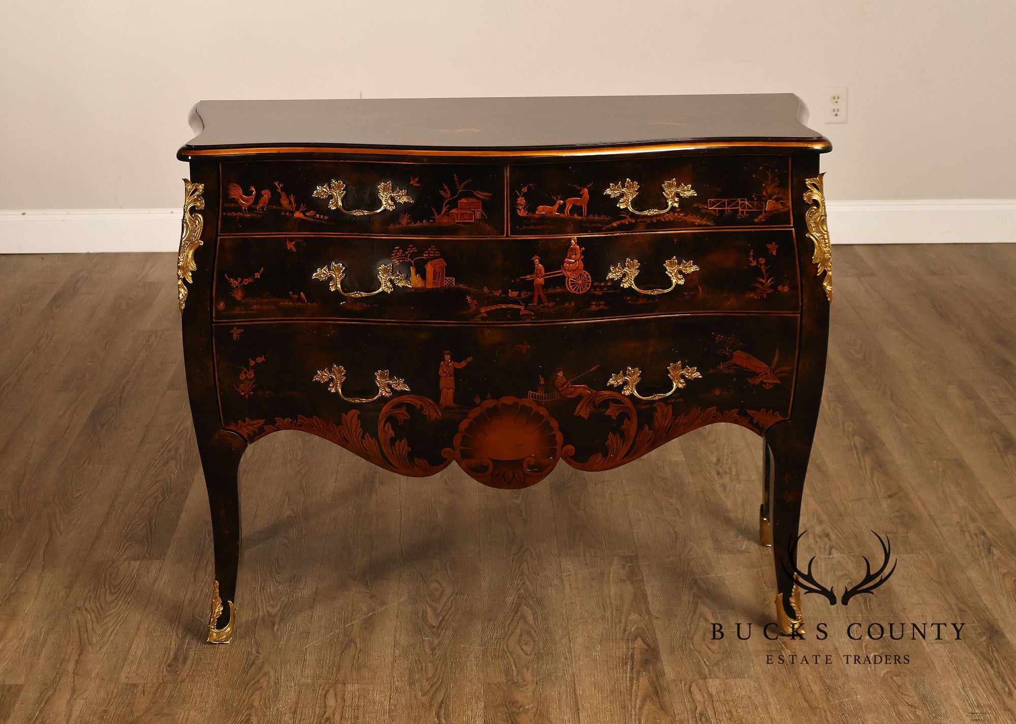 Maitland Smith Chinoiserie Hand Painted Bombe Chest