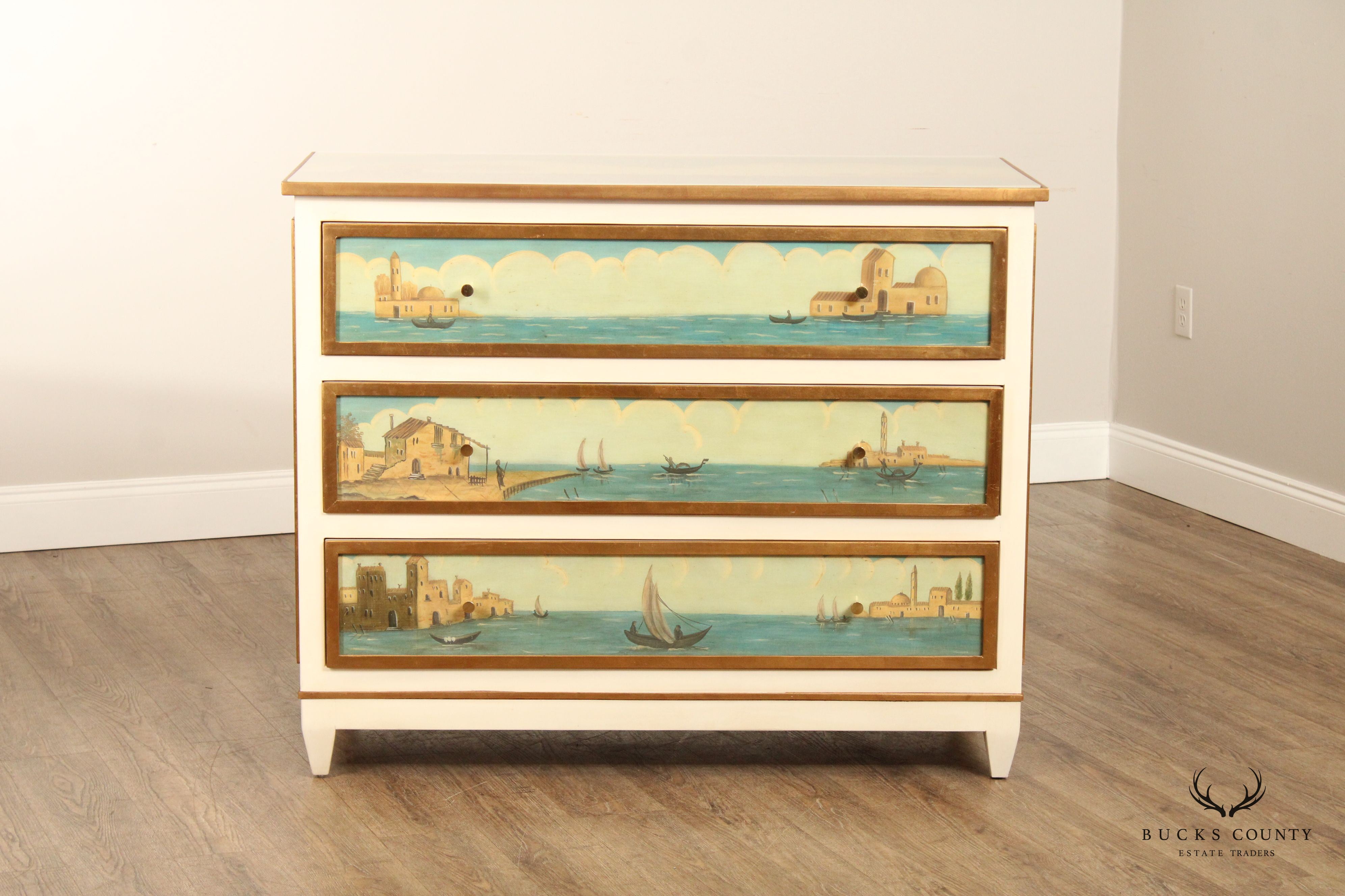 Modern History Hand Painted Venetian Three Drawer Chest Commode