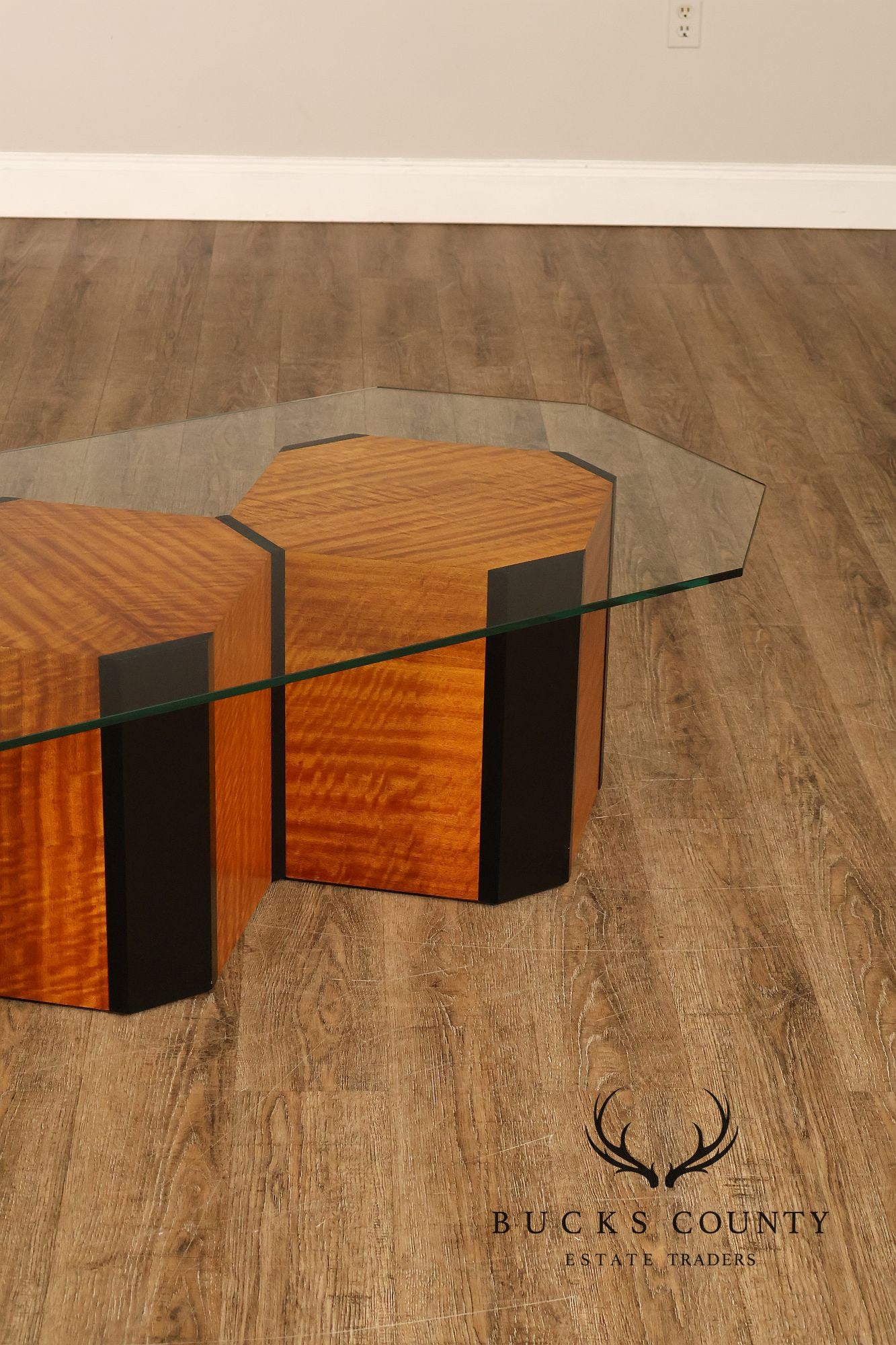 Honeycomb Style Glass Top Coffee Table With Figured Wood Base