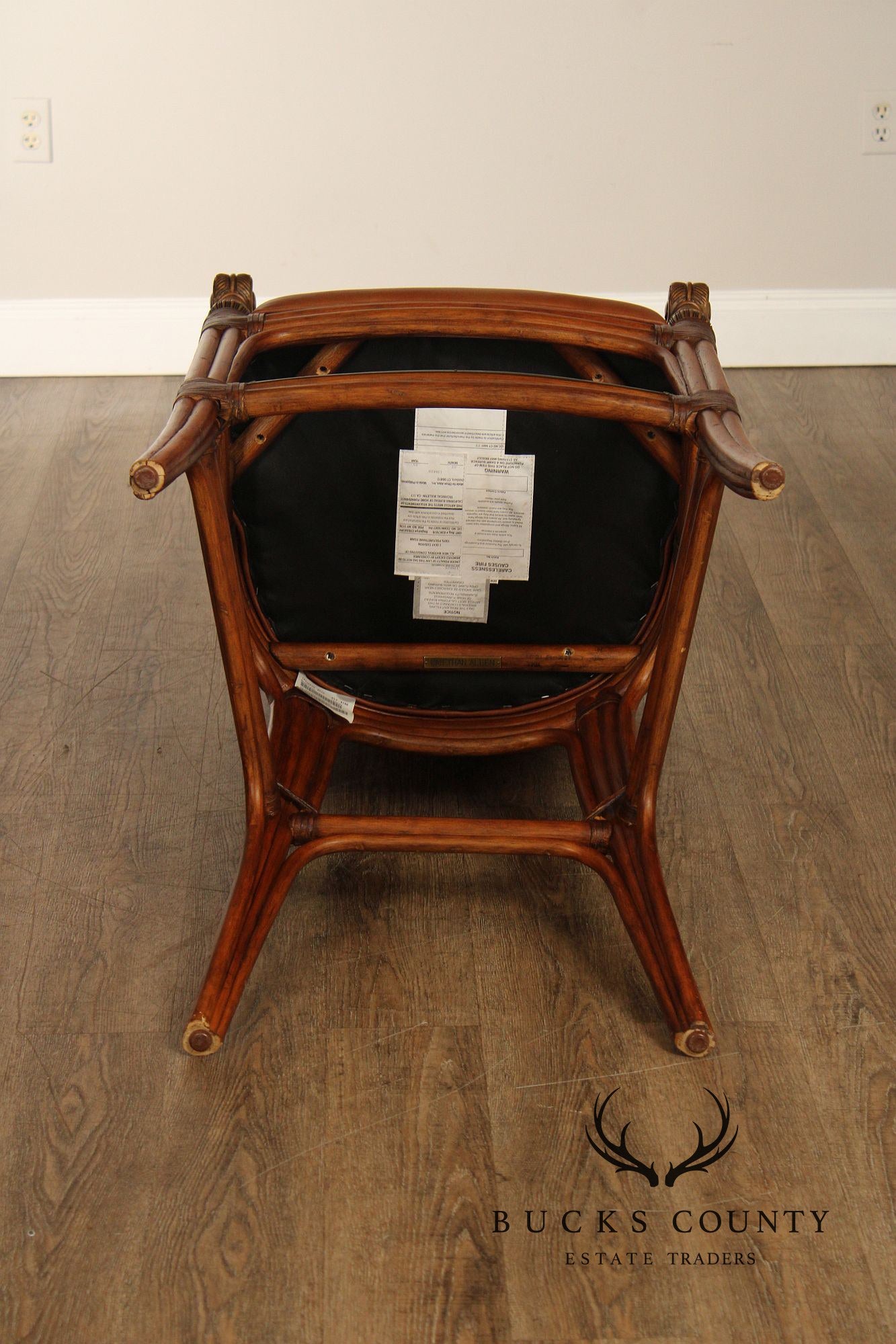 Pair Of Ethan Allen Leather And Rattan Bar Stools