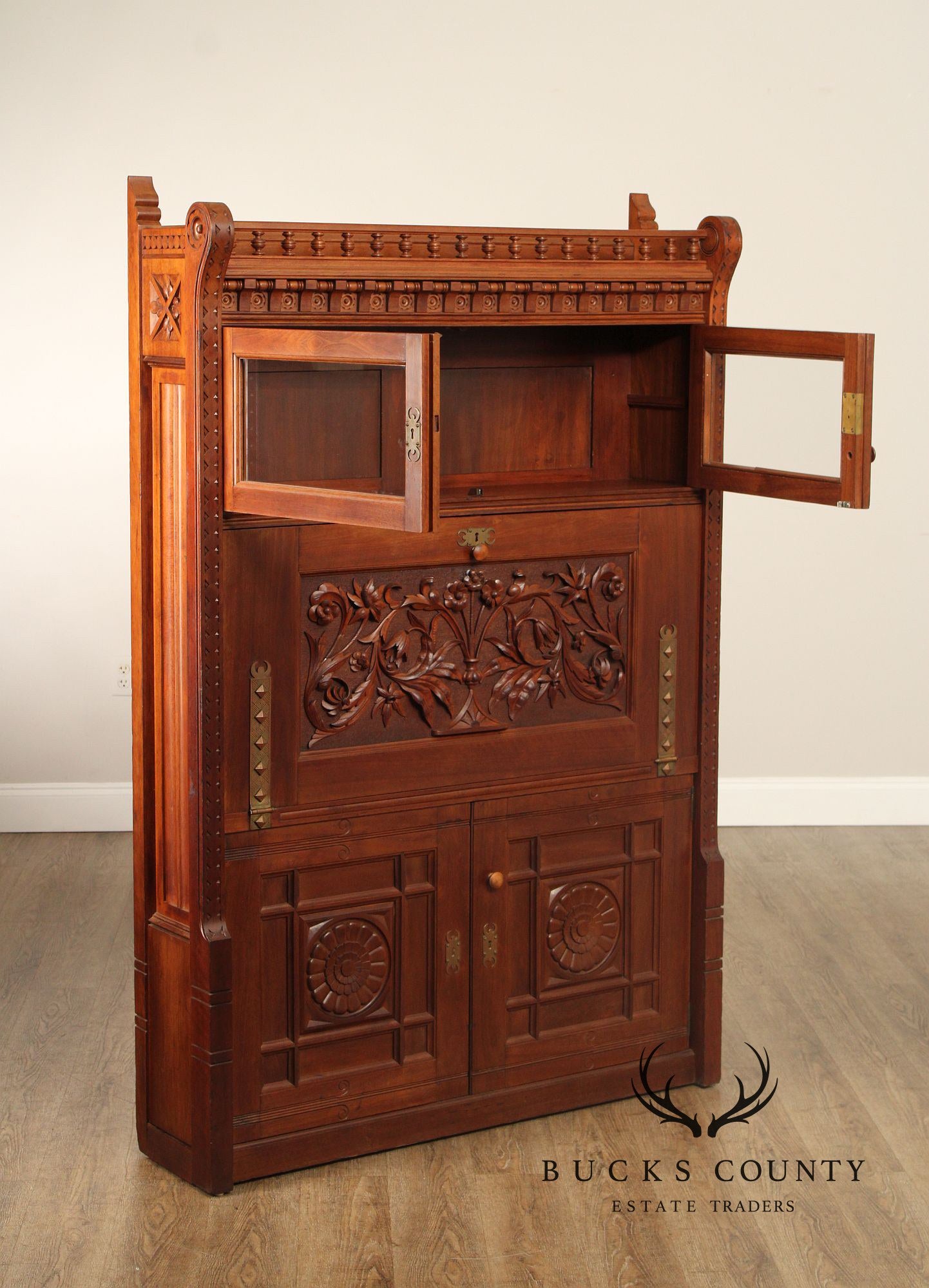 Antique Victorian Aesthetic Carved Walnut Drop Front Writing Desk