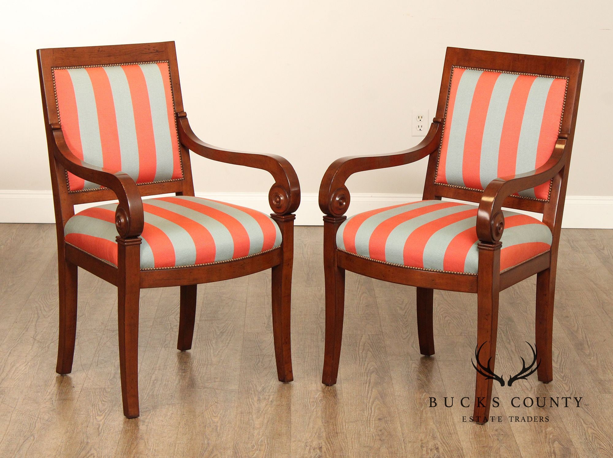 Empire Style Pair of Striped Armchairs