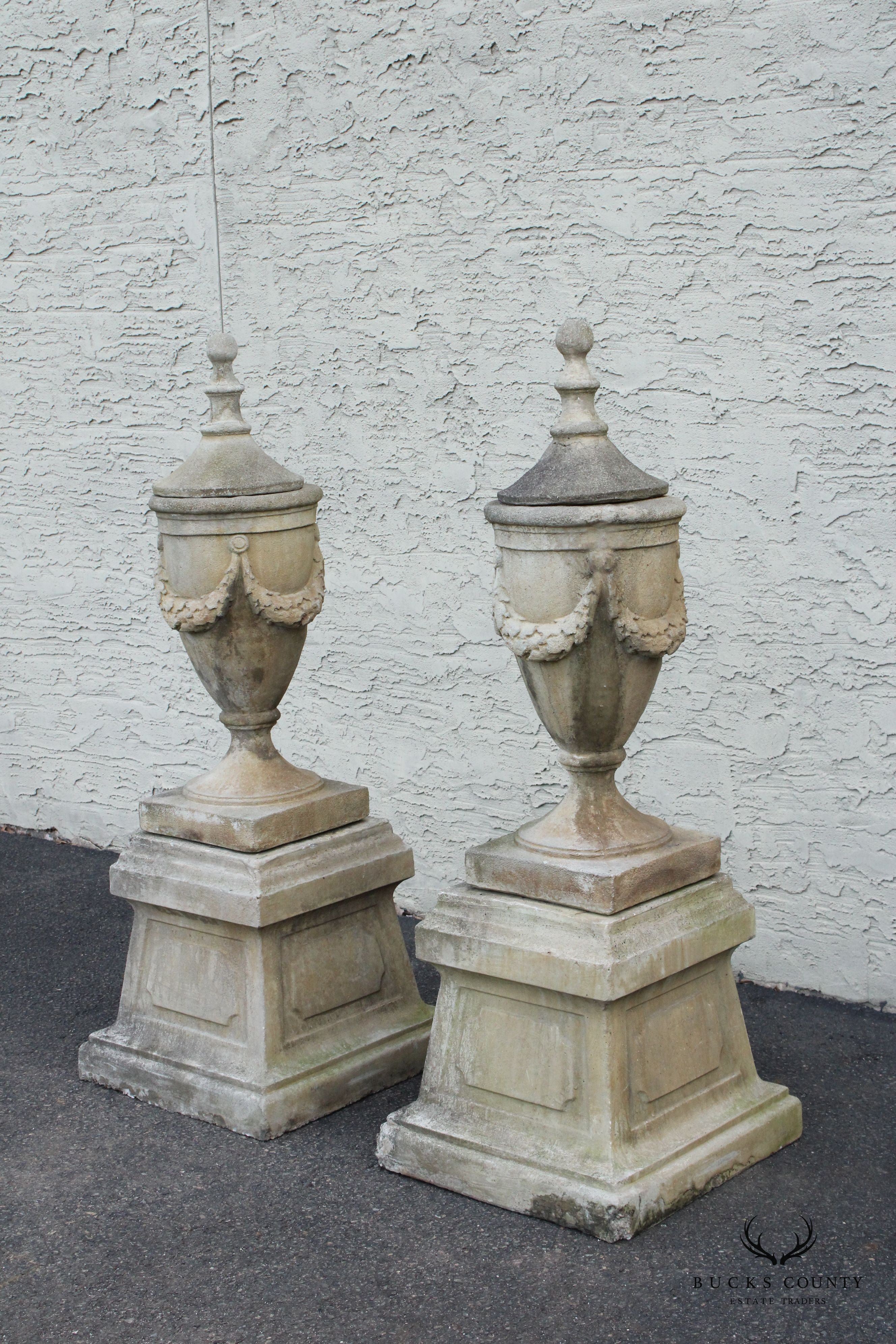 Pair Of Neoclassical Style Cast Stone Garden Urns On Pedestals