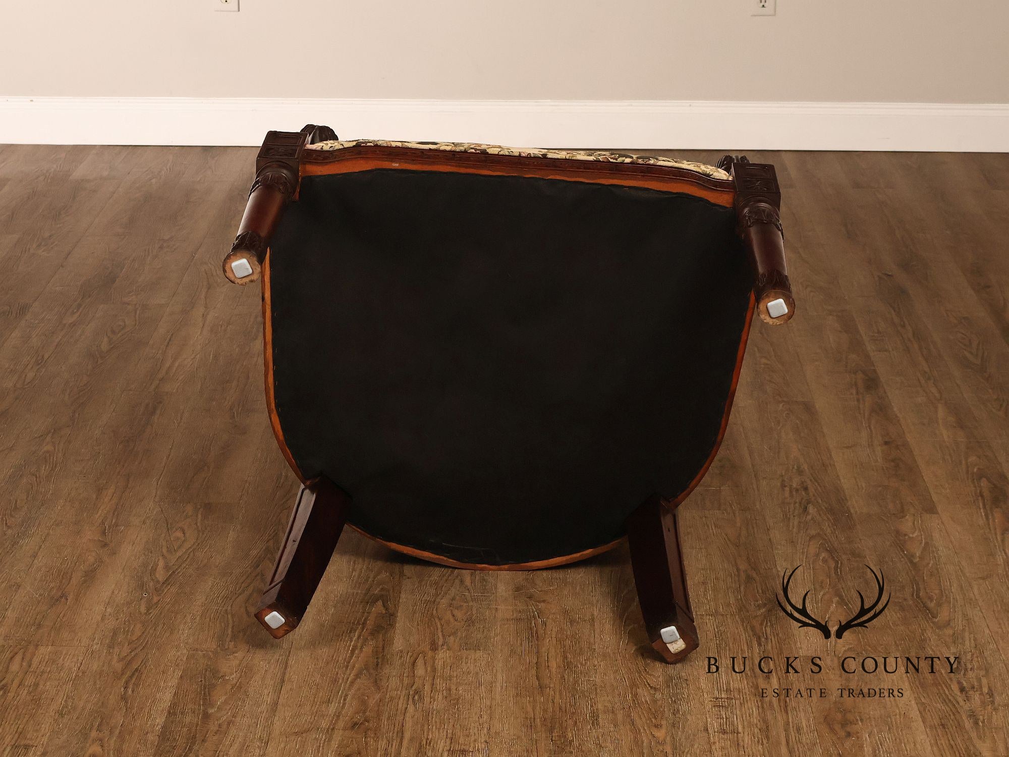 Pair Of Carved Mahogany Ram’s Head Upholstered Armchairs