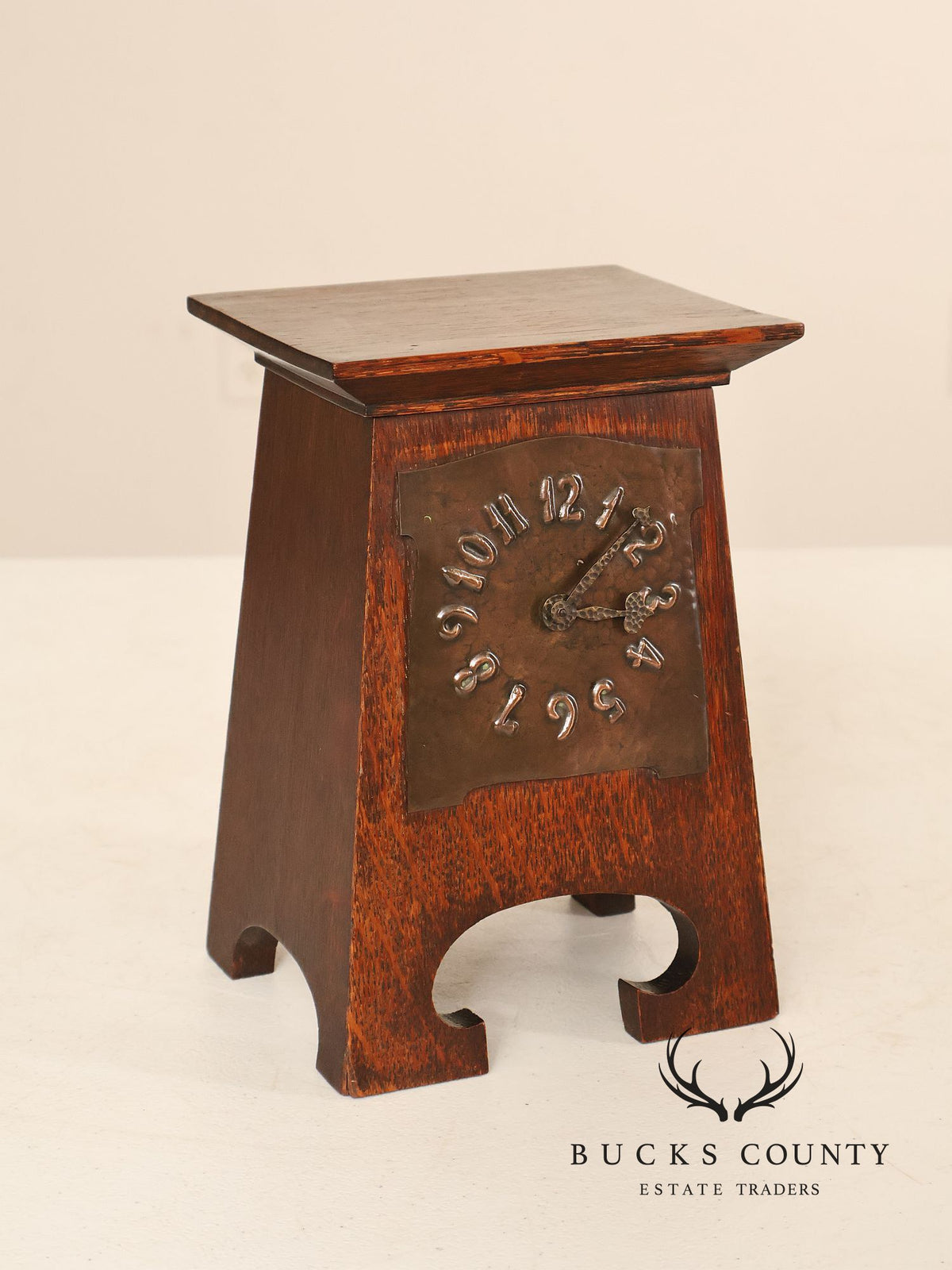 Antique Arts & Crafts Mission Oak Shelf Clock With Hand-Hammered Copper Dial