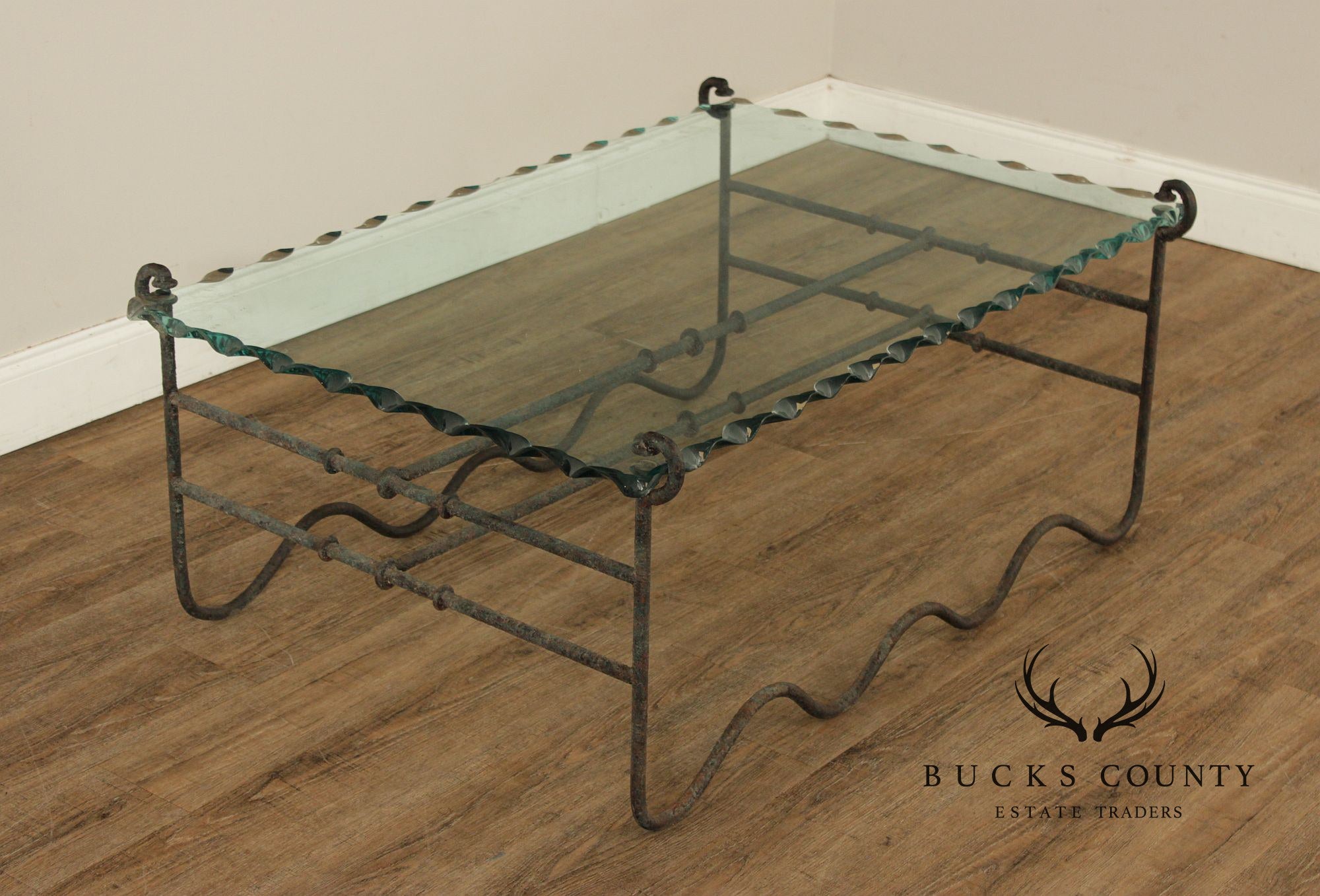 Modernist Glass Top Wrought Iron Coffee Table