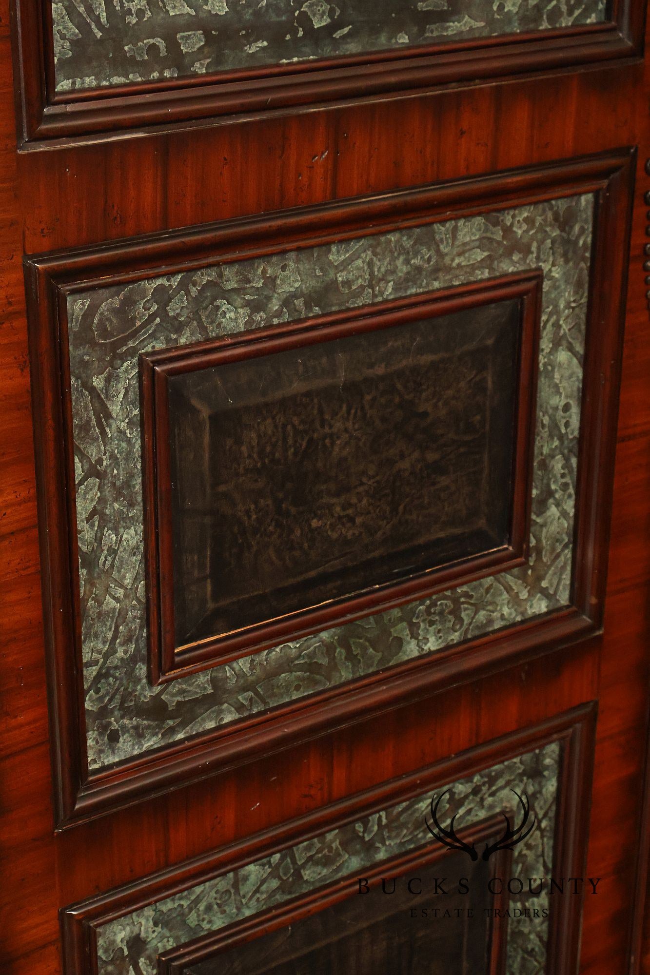 Maitland-Smith Large Mahogany Armoire Cabinet With Bronze Scrollwork Finials And Raised Panel Doors