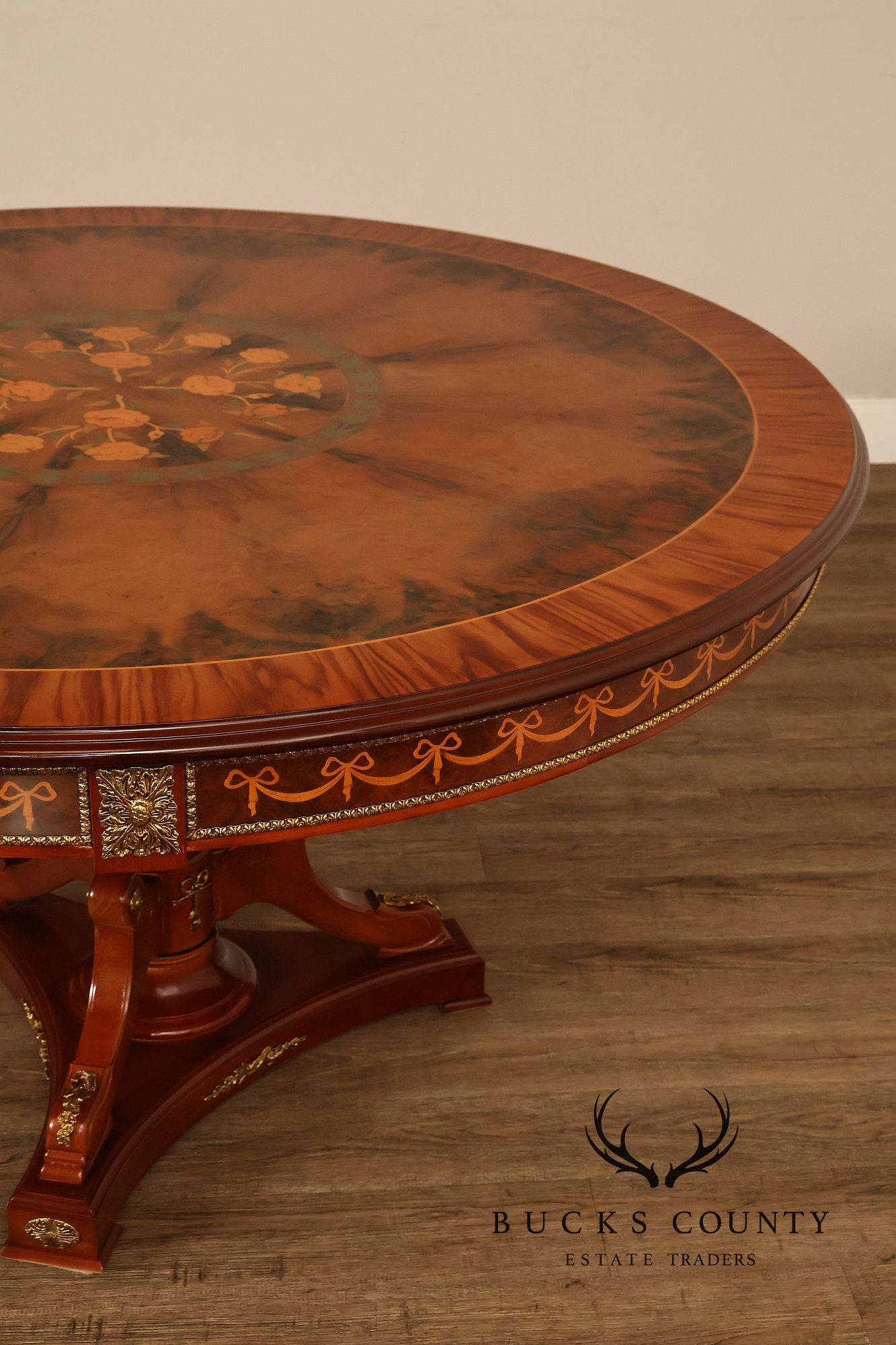 60” Round Pedestal Inlaid Burl Wood Dining or Center Table