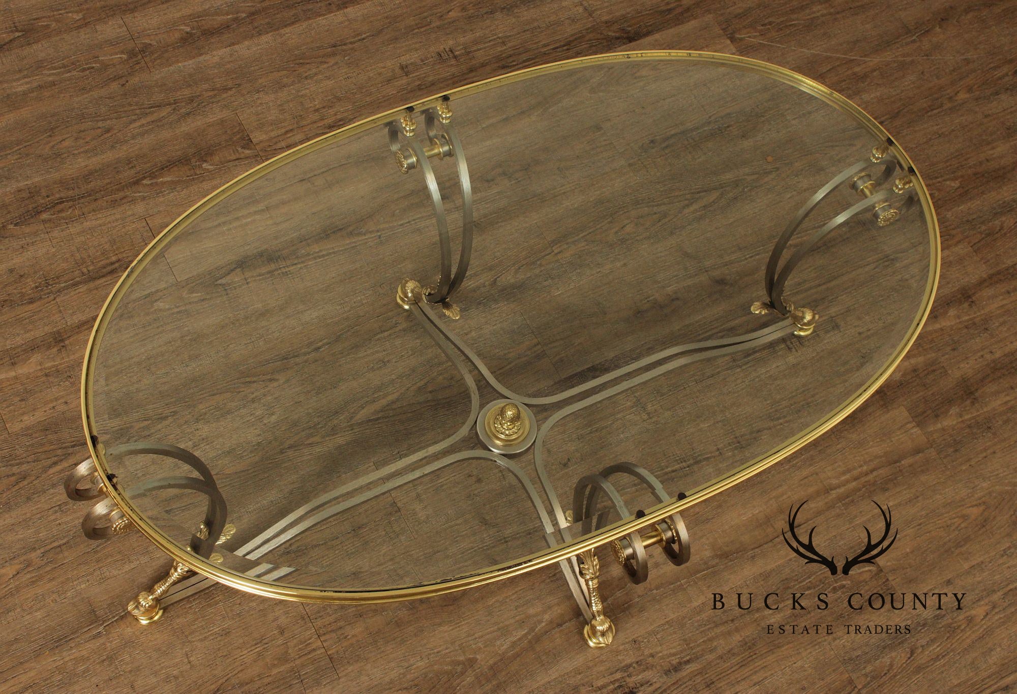 Neoclassical Style Oval Glass Top Coffee Table