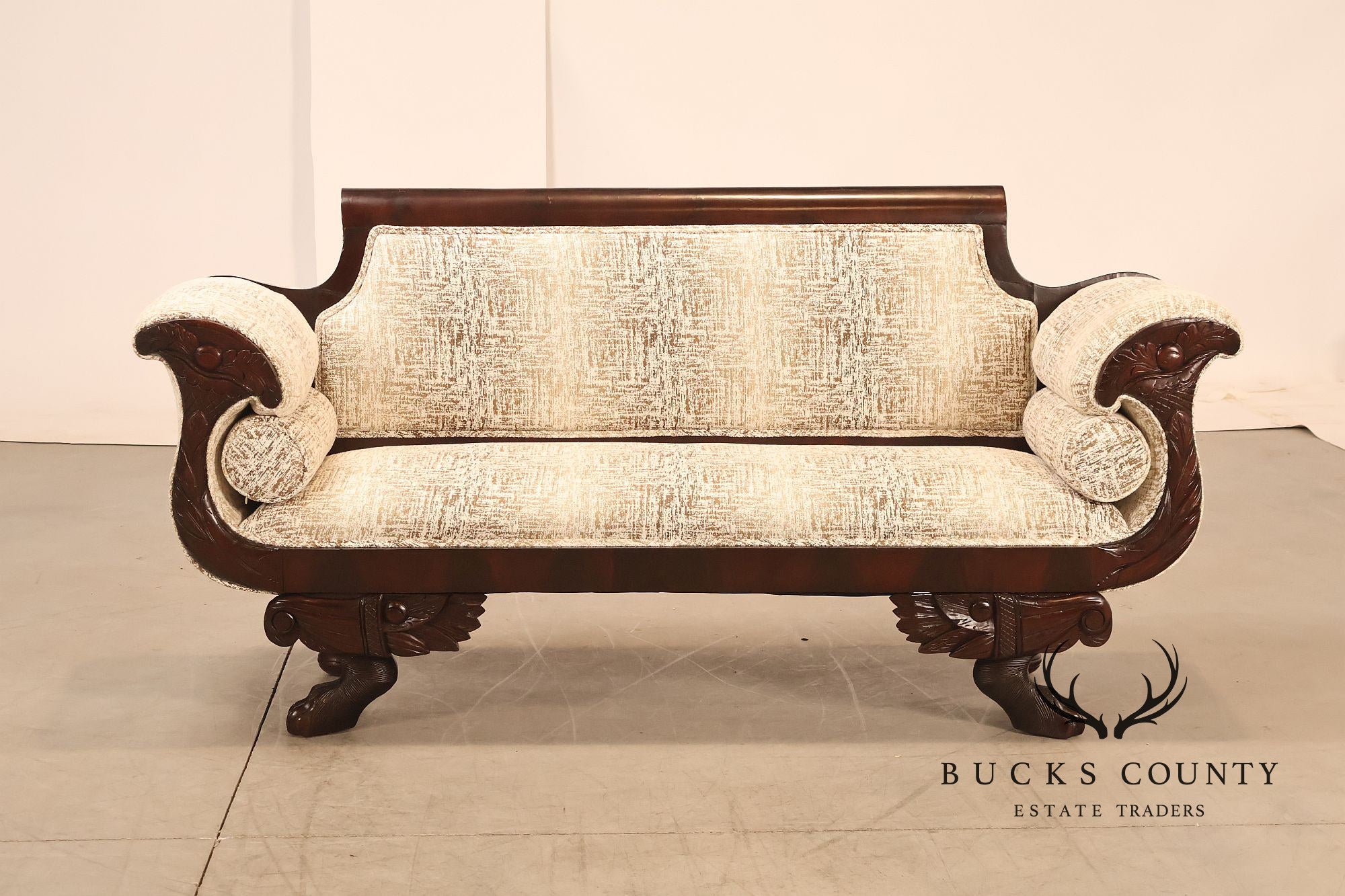 Antique American Upholstered Empire Style Carved Mahogany Sofa