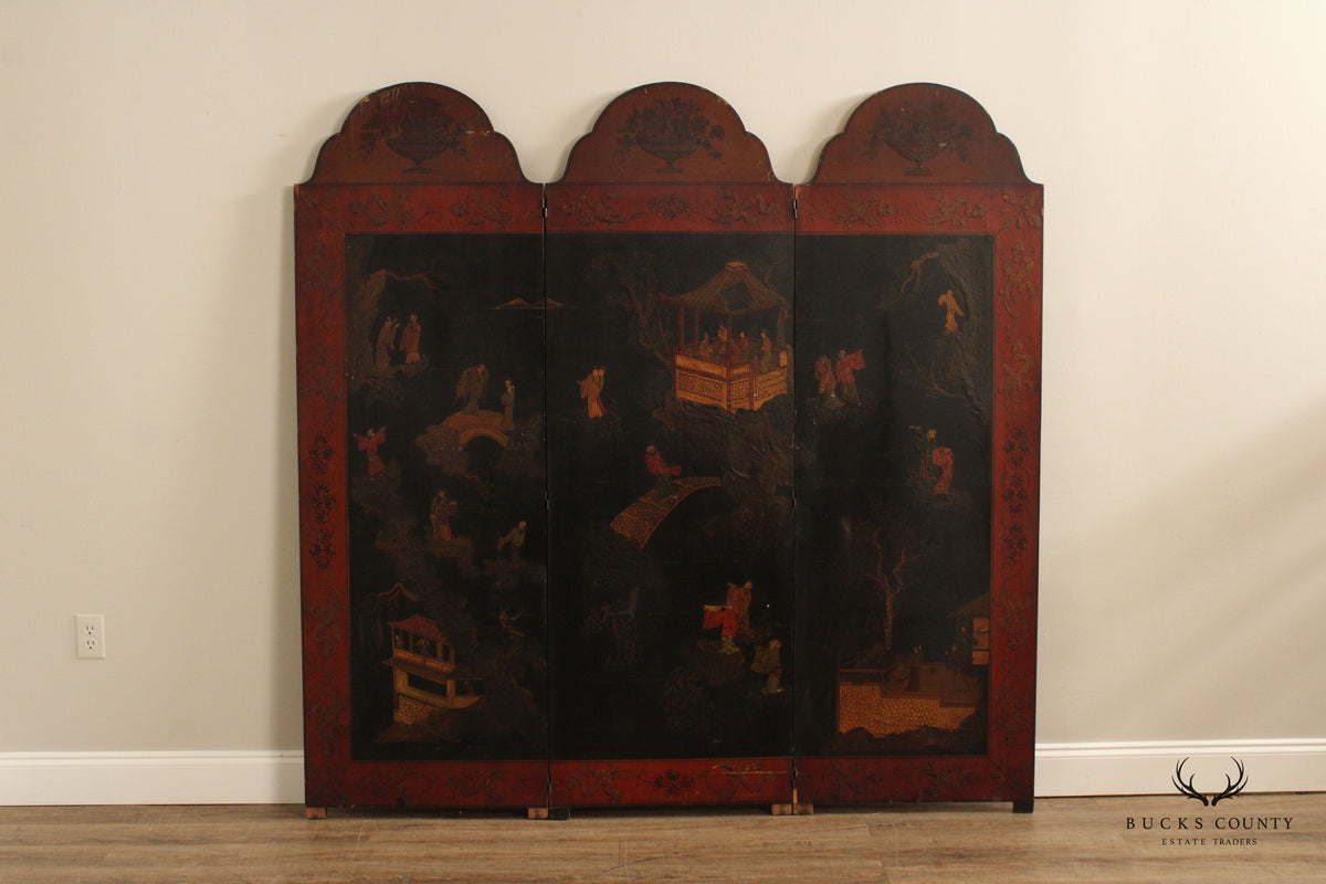 Japanese Vintage Hand Painted Folding Three-Panel Screen