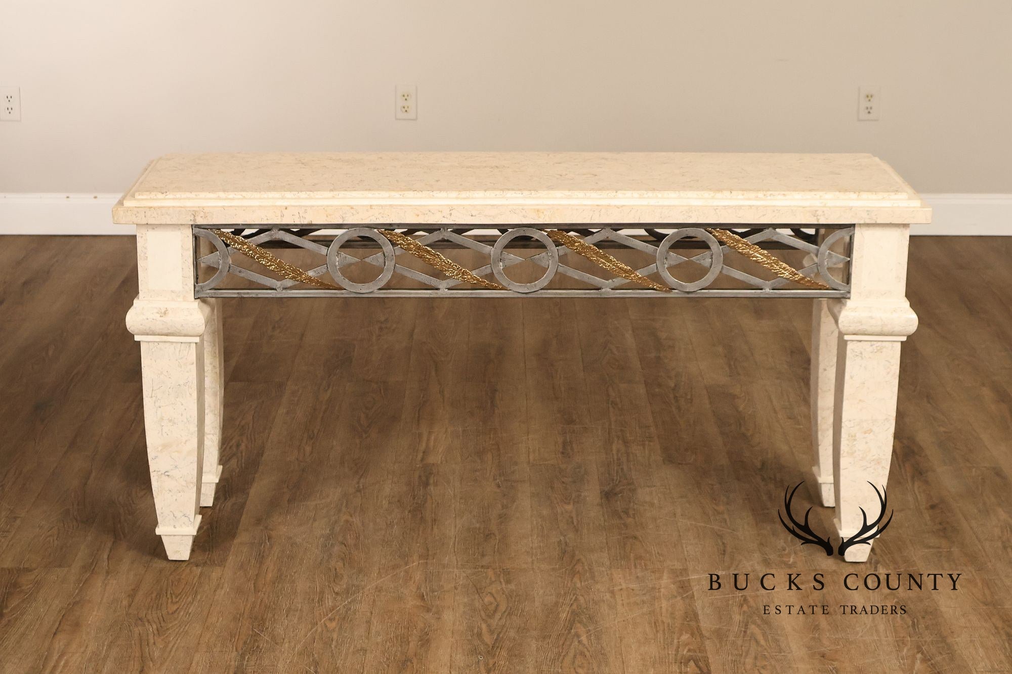 Neoclassical Style Travertine Console Table With Metal Stretcher