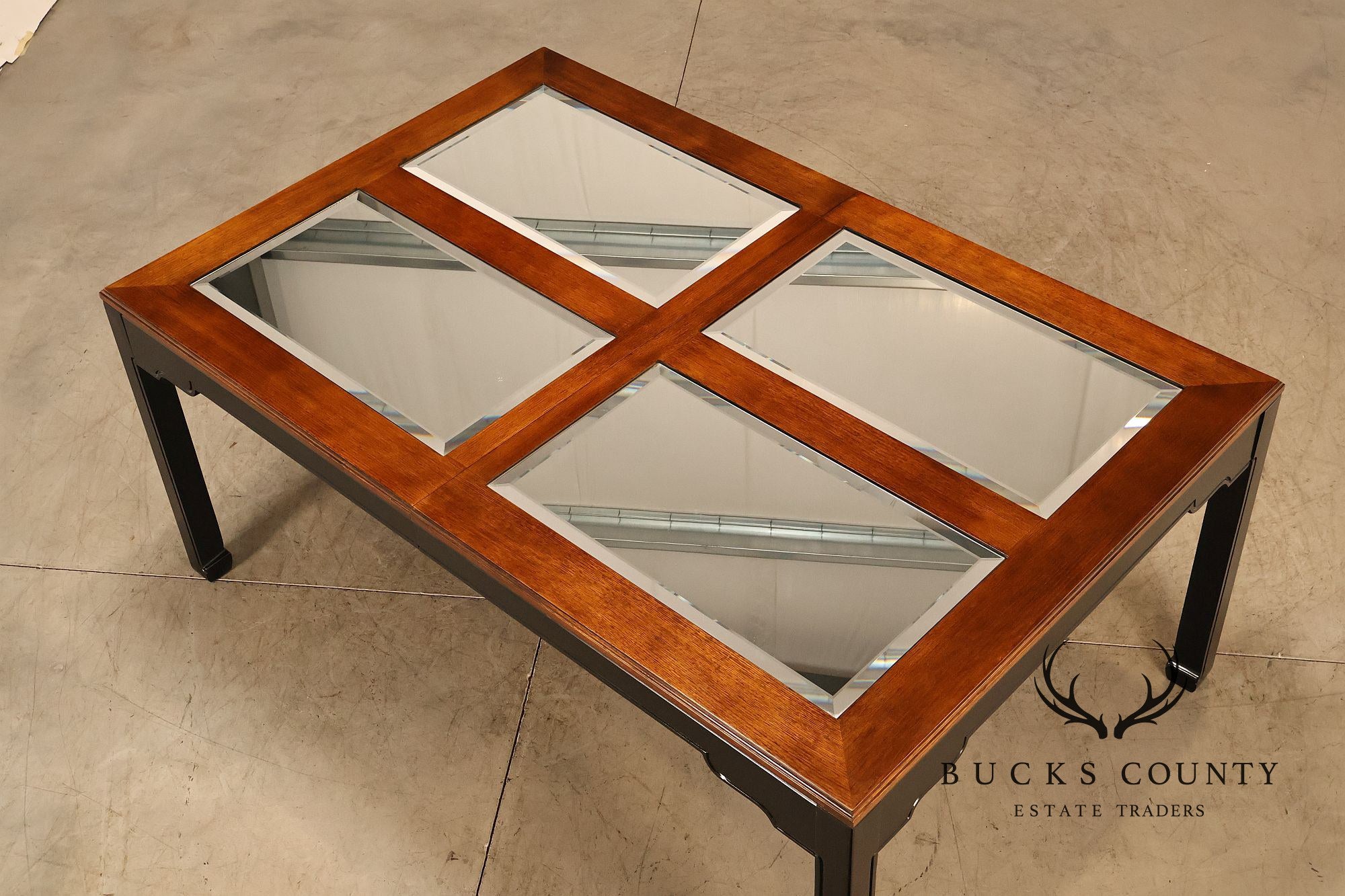 Thomasville Asian Chinoiserie Style Two Tone Wood And Mirrored Coffee Table