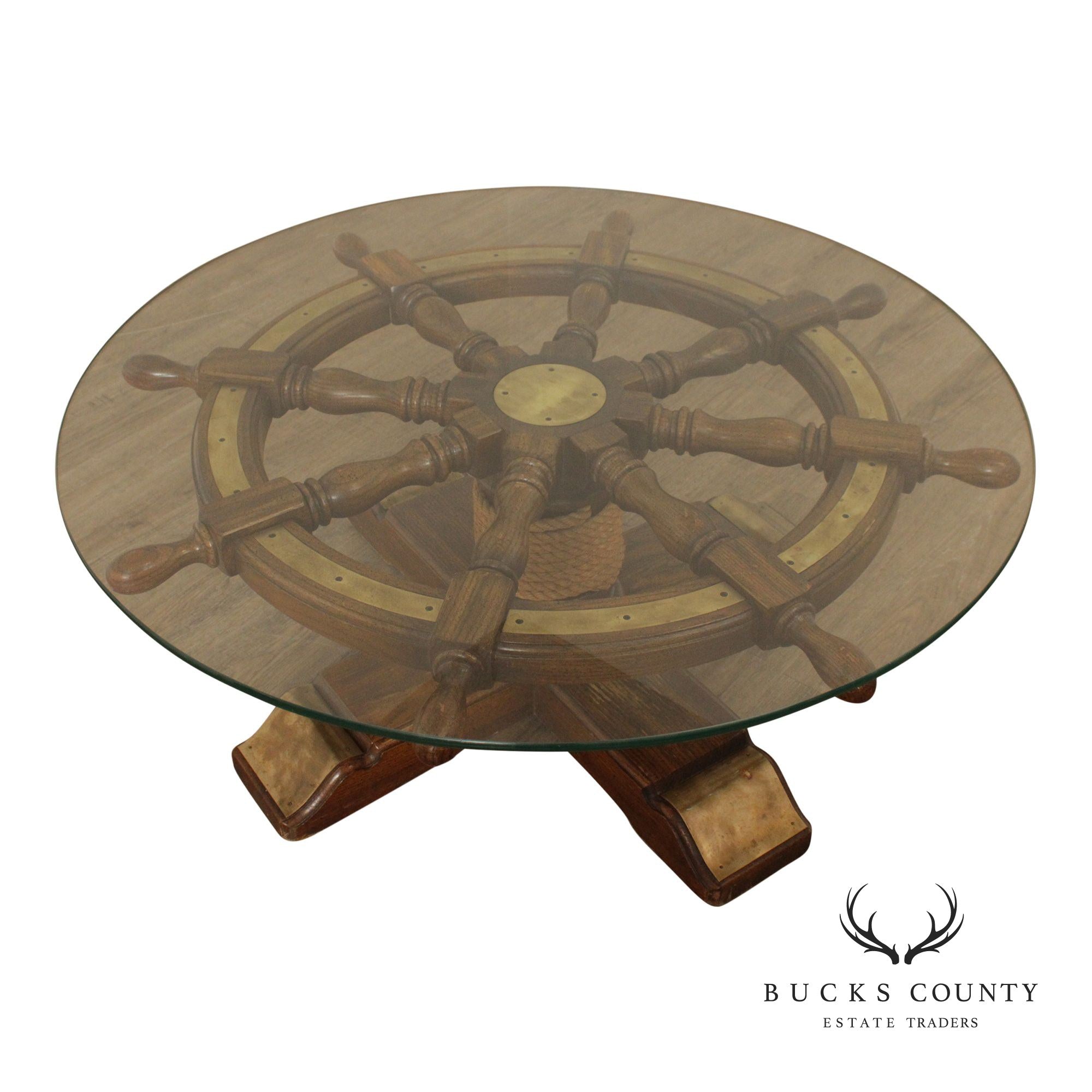 Nautical Ship's Wheel Vintage Round Glass Top Coffee Table