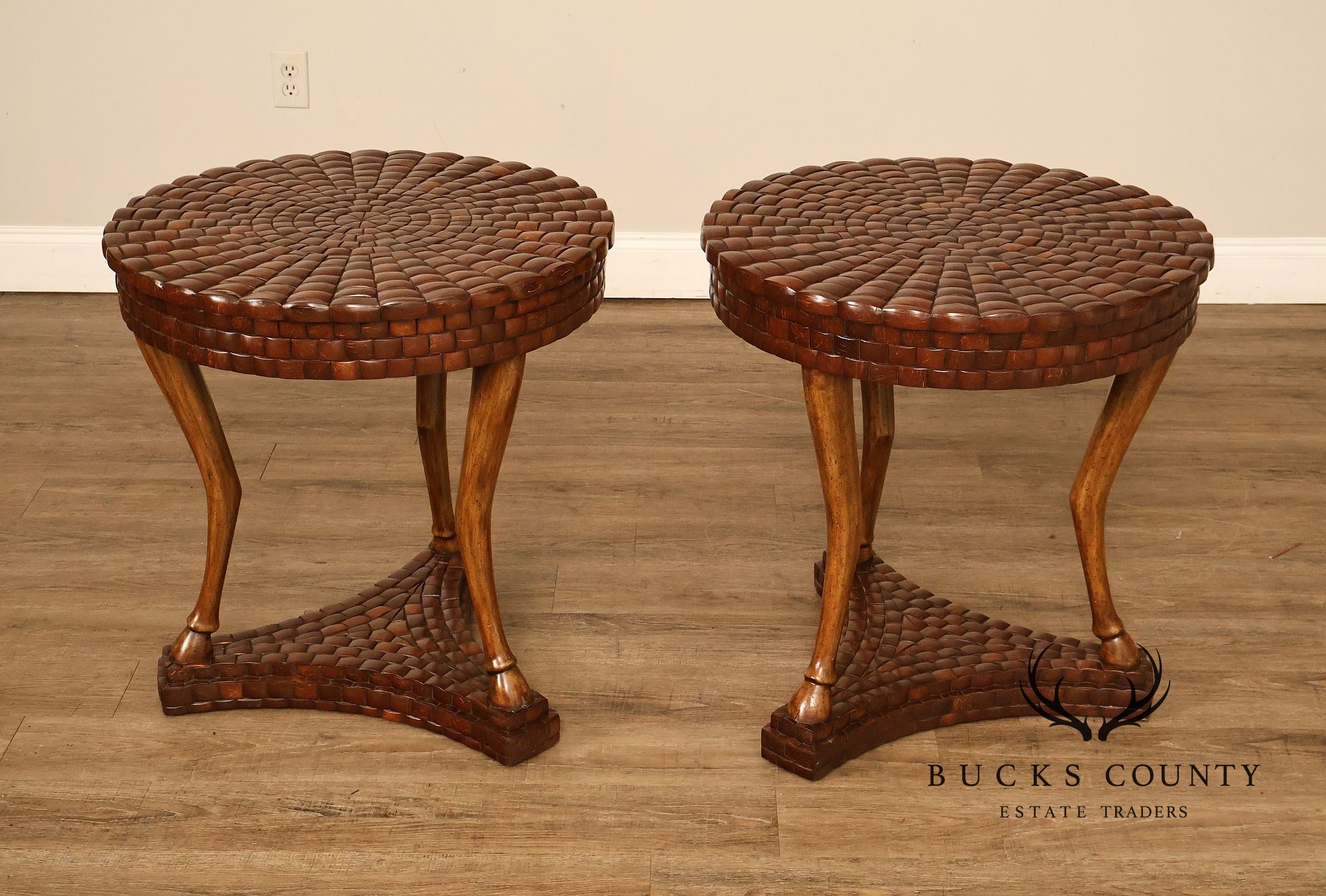 Maitland-Smith Pair Of Woven Top Round End Tables