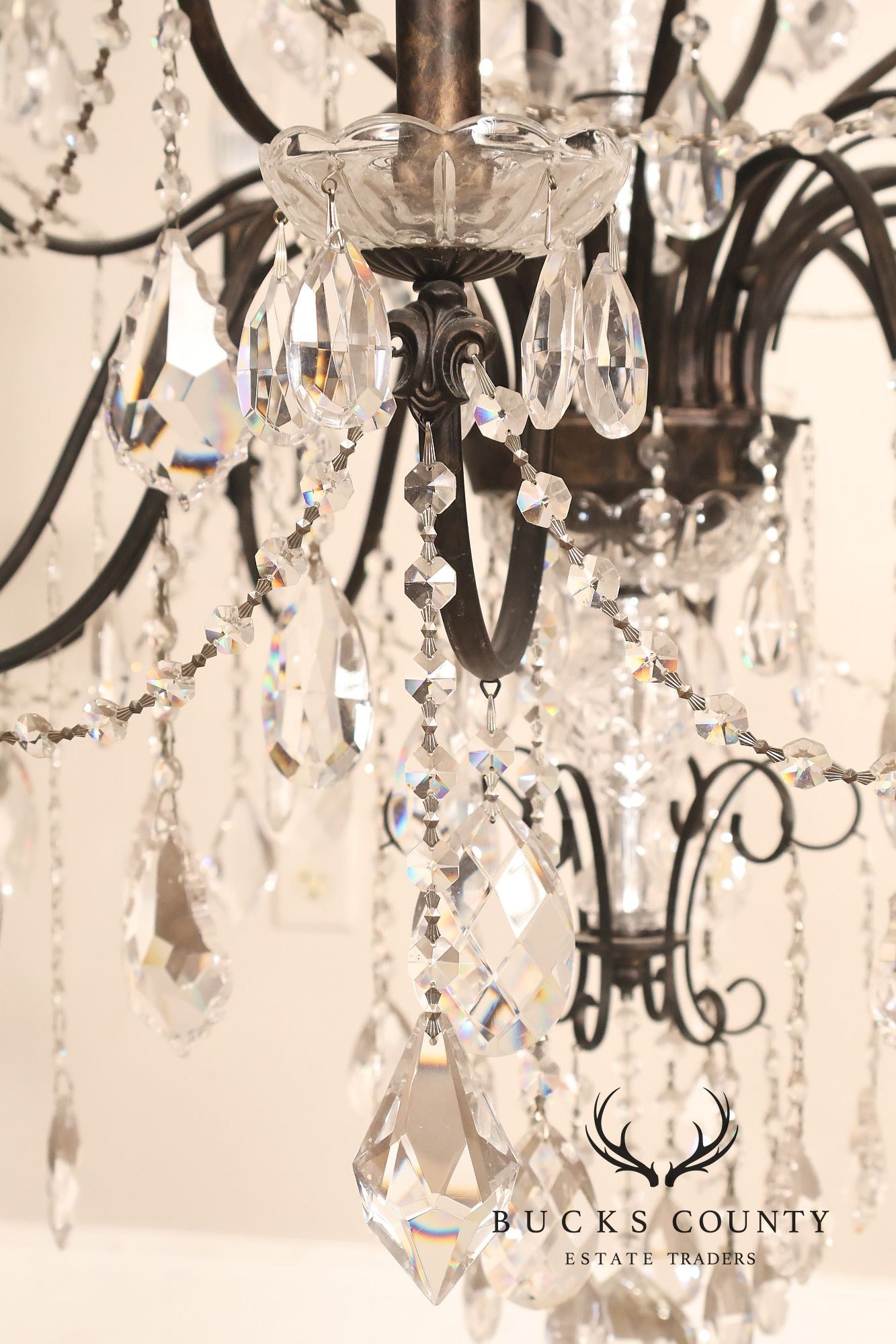 Large Twenty-Light Crystal And Wrought Iron 55" Chandelier