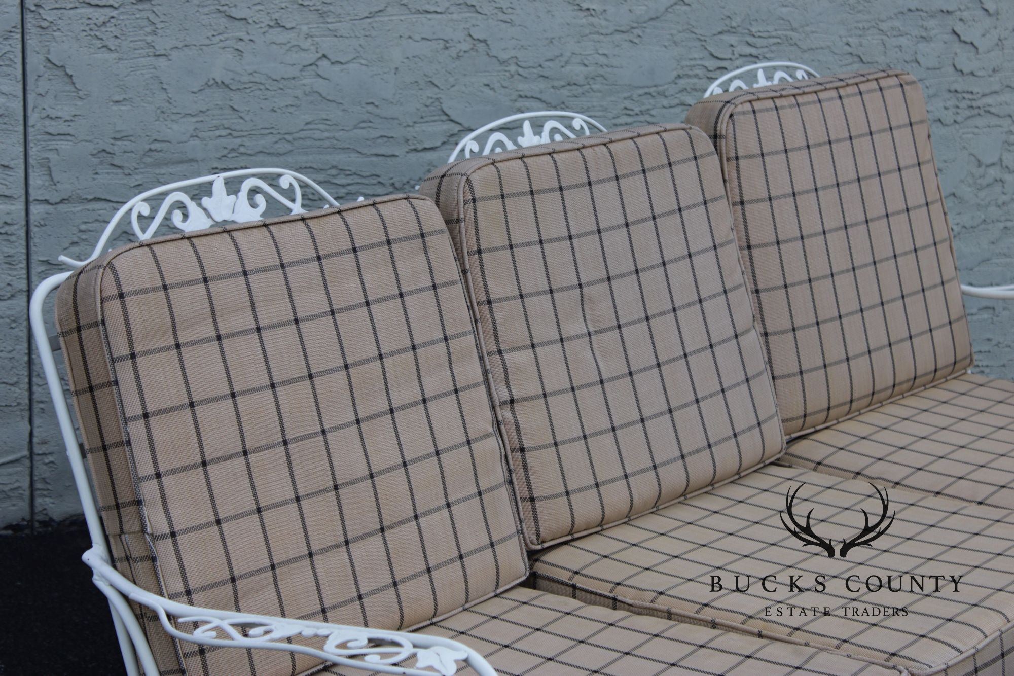 Lyon-Shaw Vintage Outdoor Patio Sofa With Scroll Iron Frame And Cushions