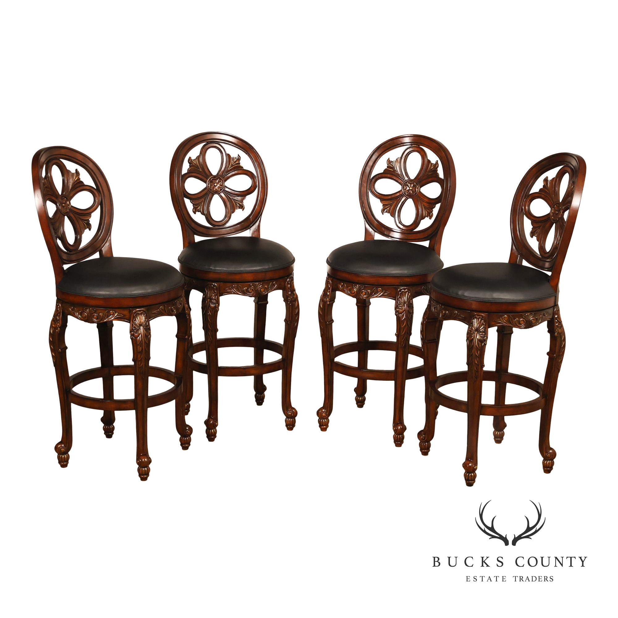 Quality Set Of Four  Carved Mahogany Swivel Bar Stools