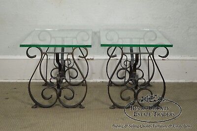 Hollywood Regency Pair Mid-Century Scrolled Iron Lyre Base Glass Top SideTable