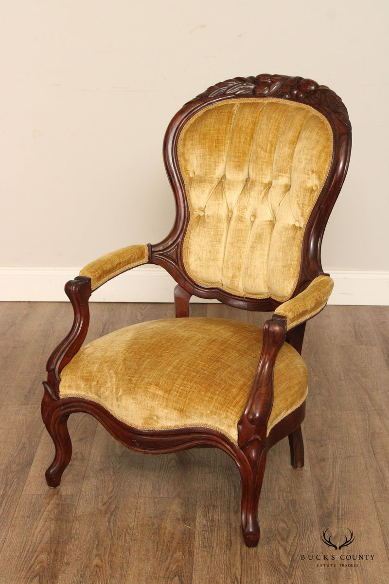 Antique Victorian Lady's and Gentleman's Complimenting Pair of Walnut Armchairs