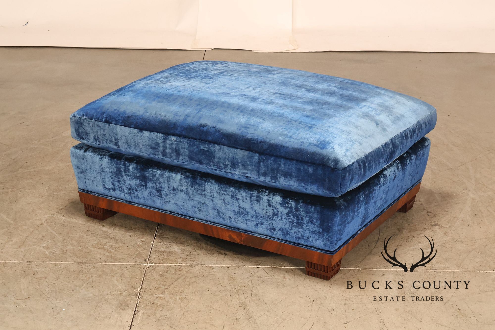 Art Deco Style Large Custom Blue Velvet and Mahogany Ottoman