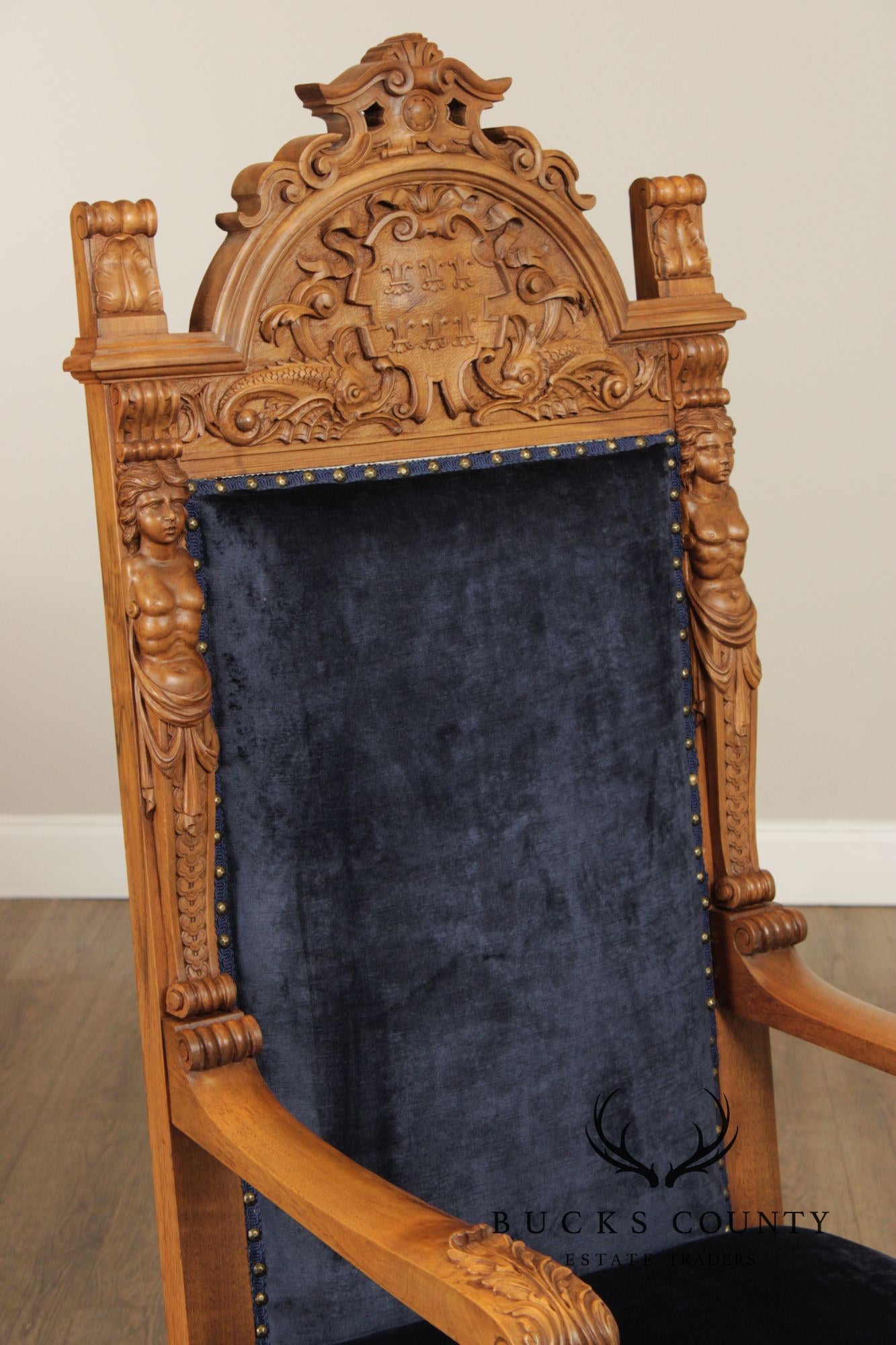 Antique Carved Walnut Renaissance Revival Style Throne Armchair