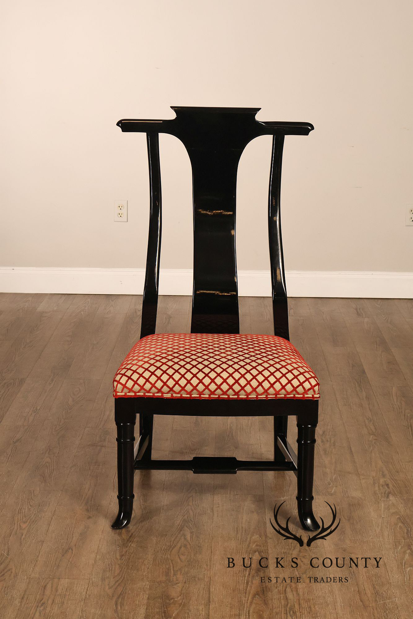 12 Custom Black Lacquered Asian Inspired Dining Chairs