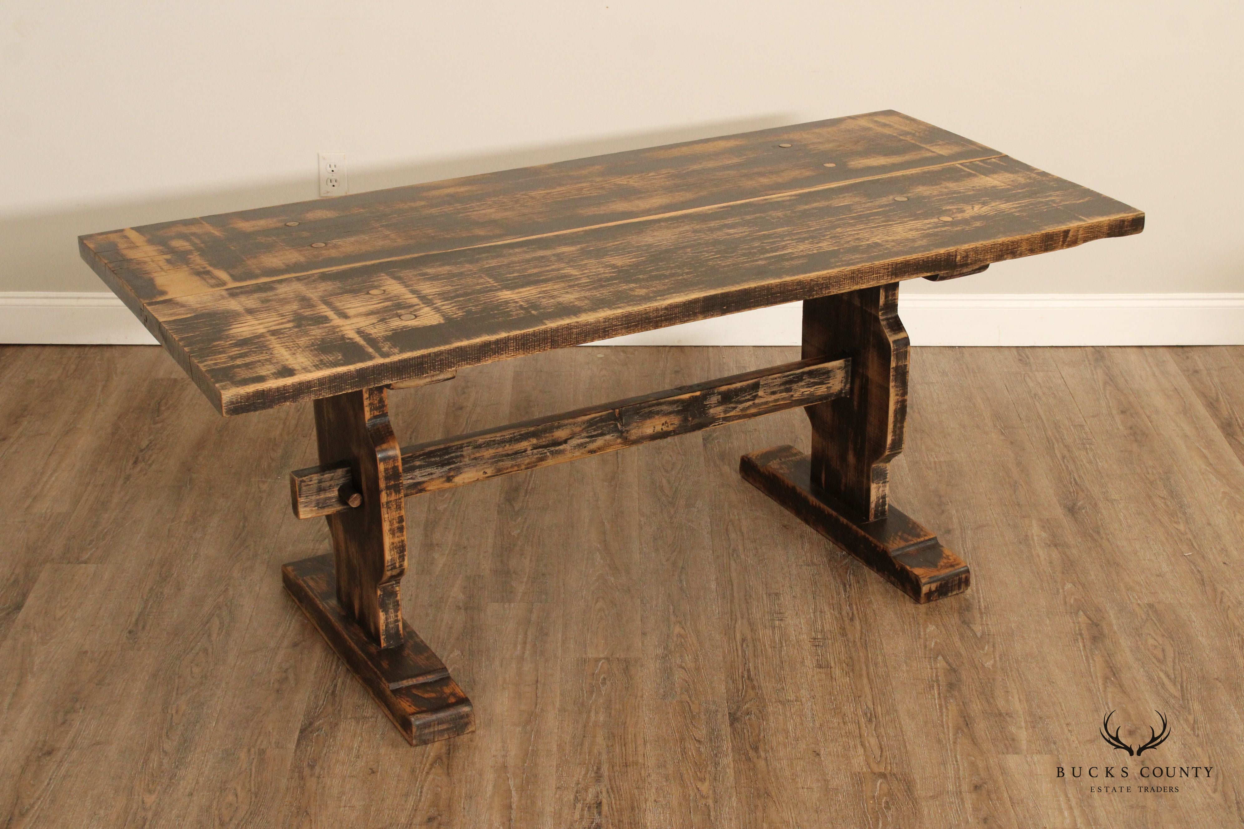 Custom Crafted Farmhouse Aged and Distressed Oak Trestle Dining Table