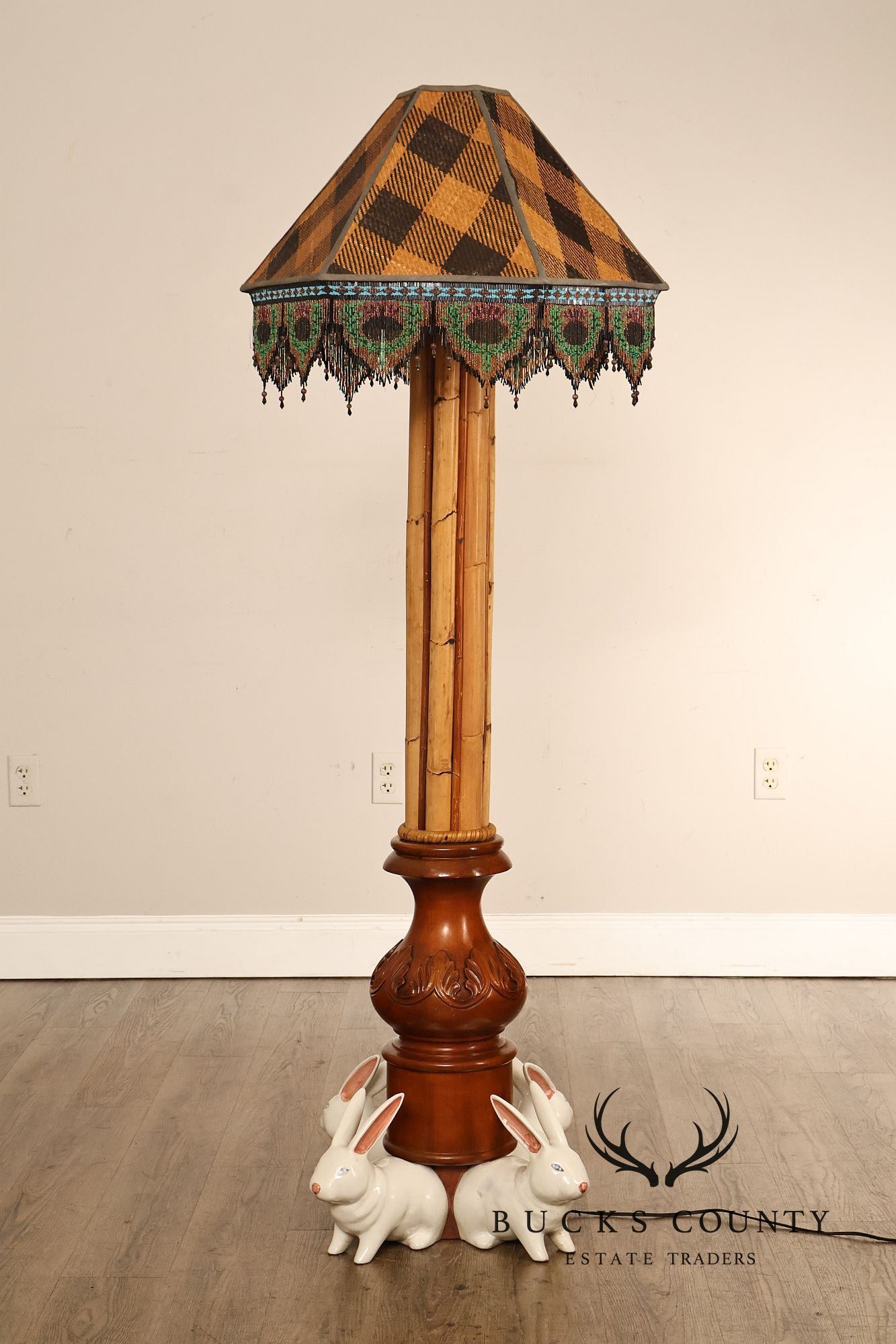 MacKenzie-Childs Rabbit Floor Lamp With Bamboo Column And Beaded Shade