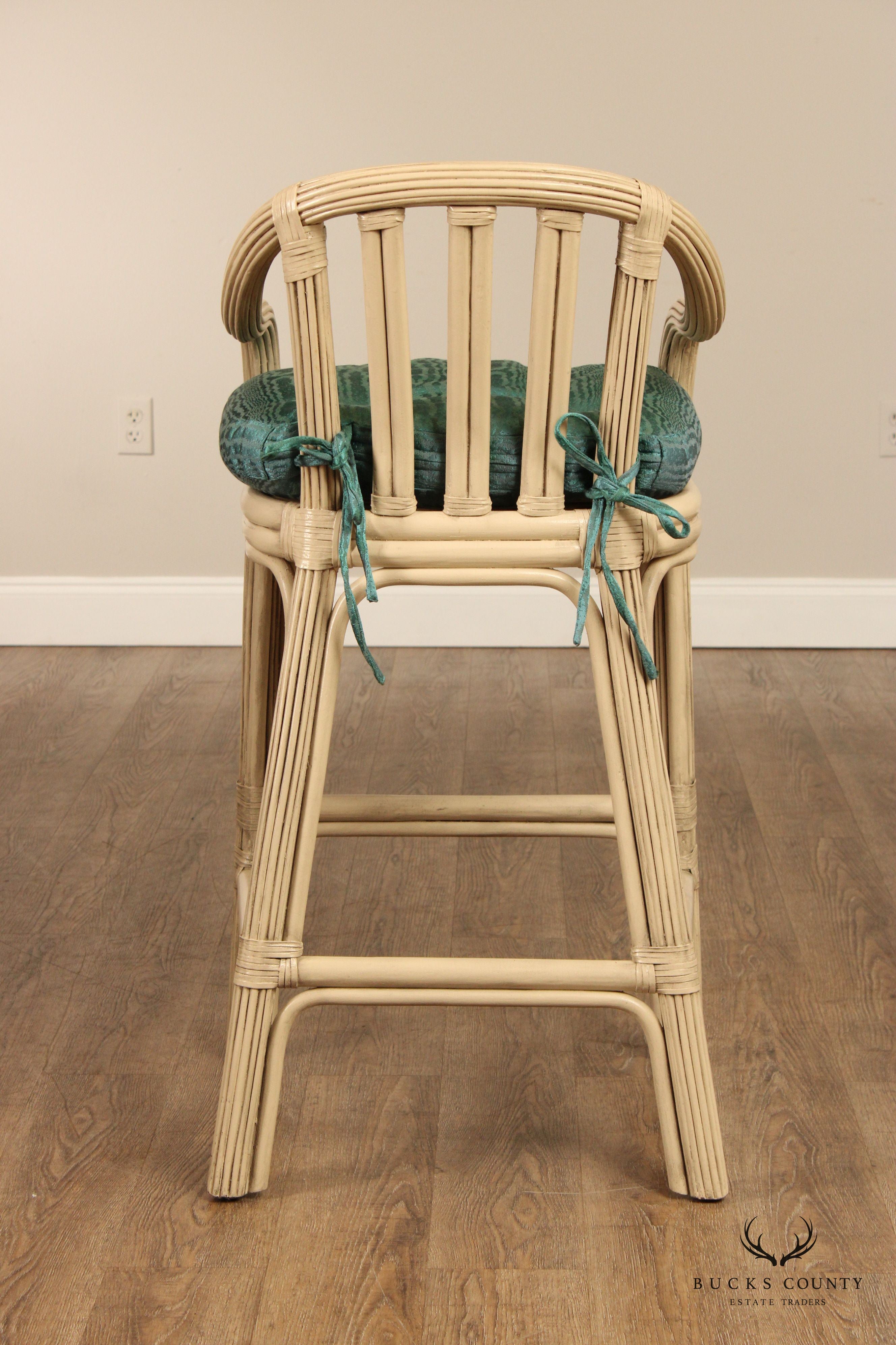 Hollywood Regency Style Pair of Rattan Bar Stools