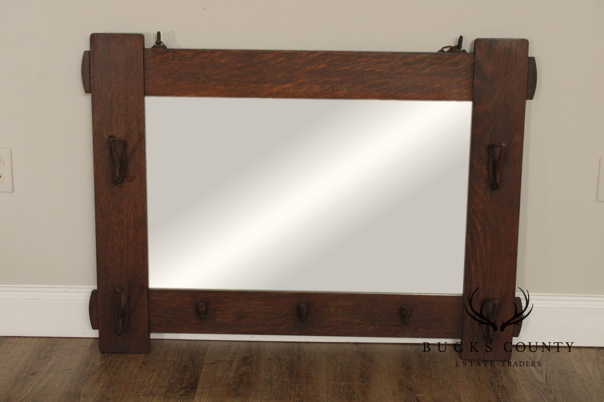 Stickley Brothers Antique Mission Oak Wall Mirror With Hooks No. 7577