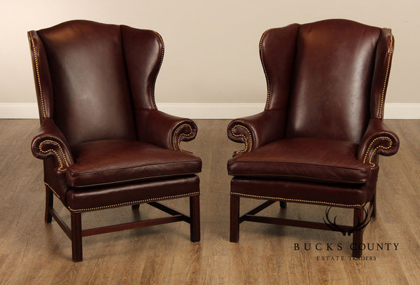 Chippendale Style Pair Of High Back Leather Wing Chairs