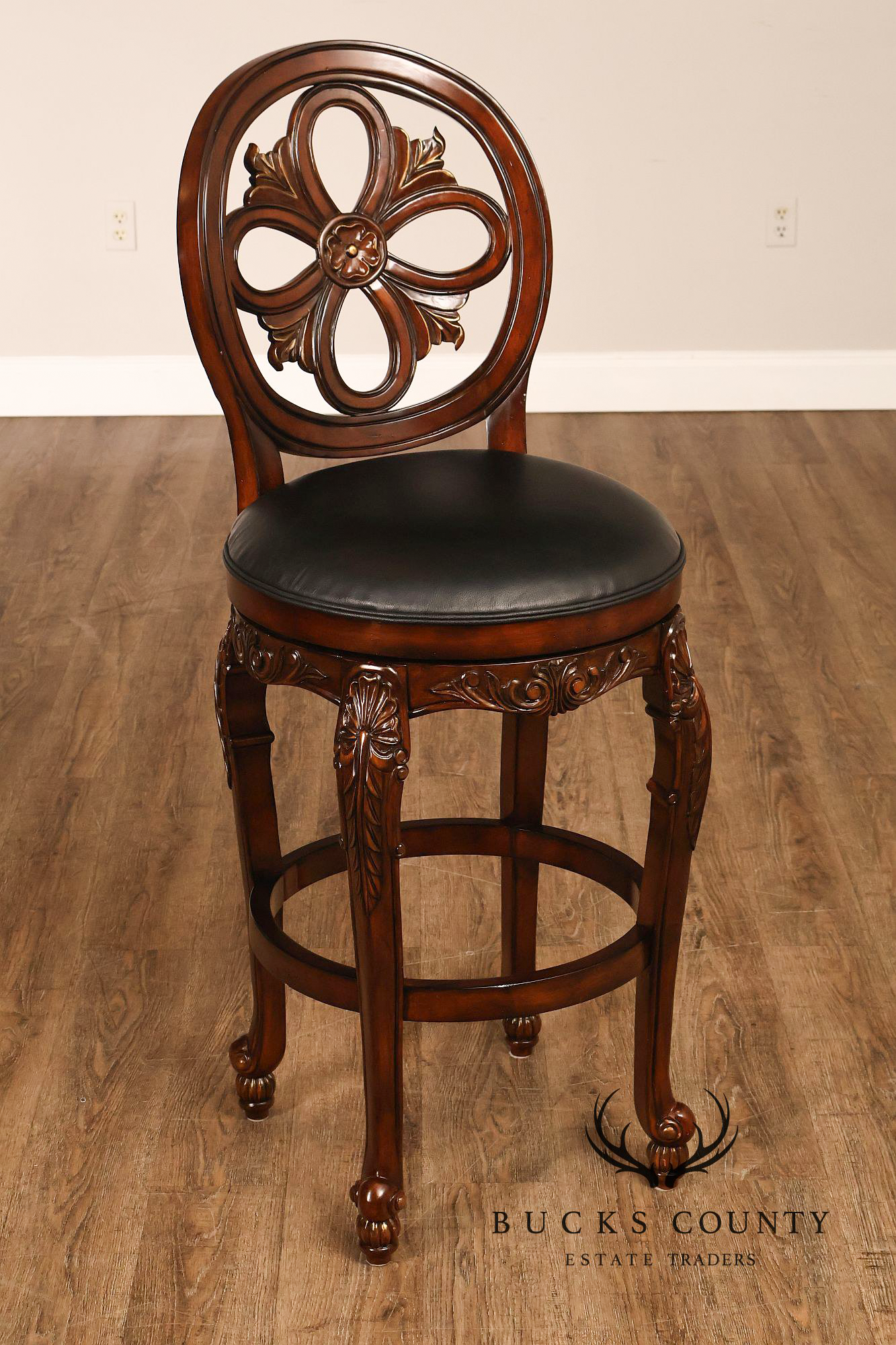 Quality Set Of Four  Carved Mahogany Swivel Bar Stools