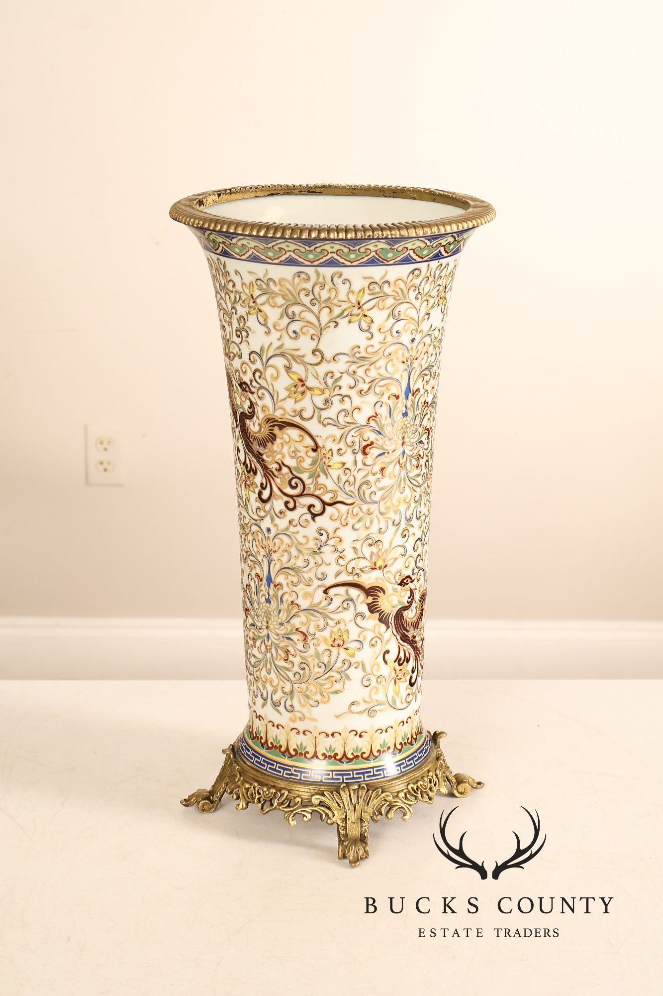 Hand Painted Porcelain Decorative Vase with Gilded Metal Base and Cap