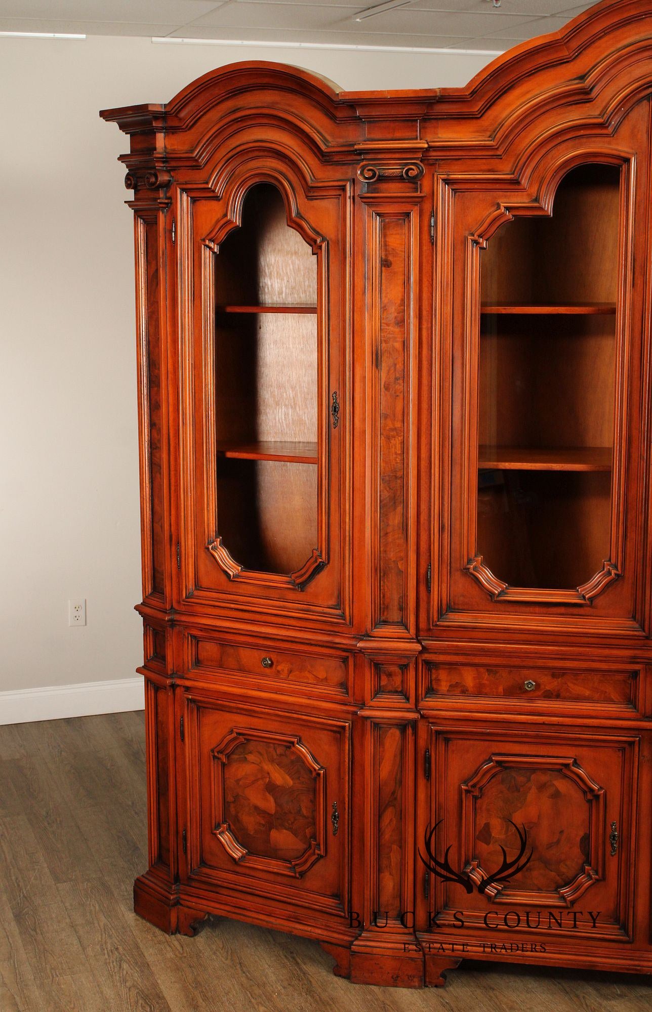 Italian Burlwood Monumental Library Bookcase Cabinet