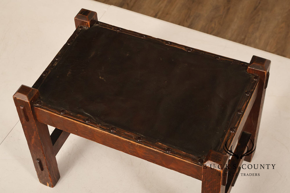 Arts And Crafts Oak Footstool With Leather Upholstered Seat