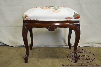 French Louis XV Style Solid Mahogany Floral Upholstered Ottoman Foot Stool