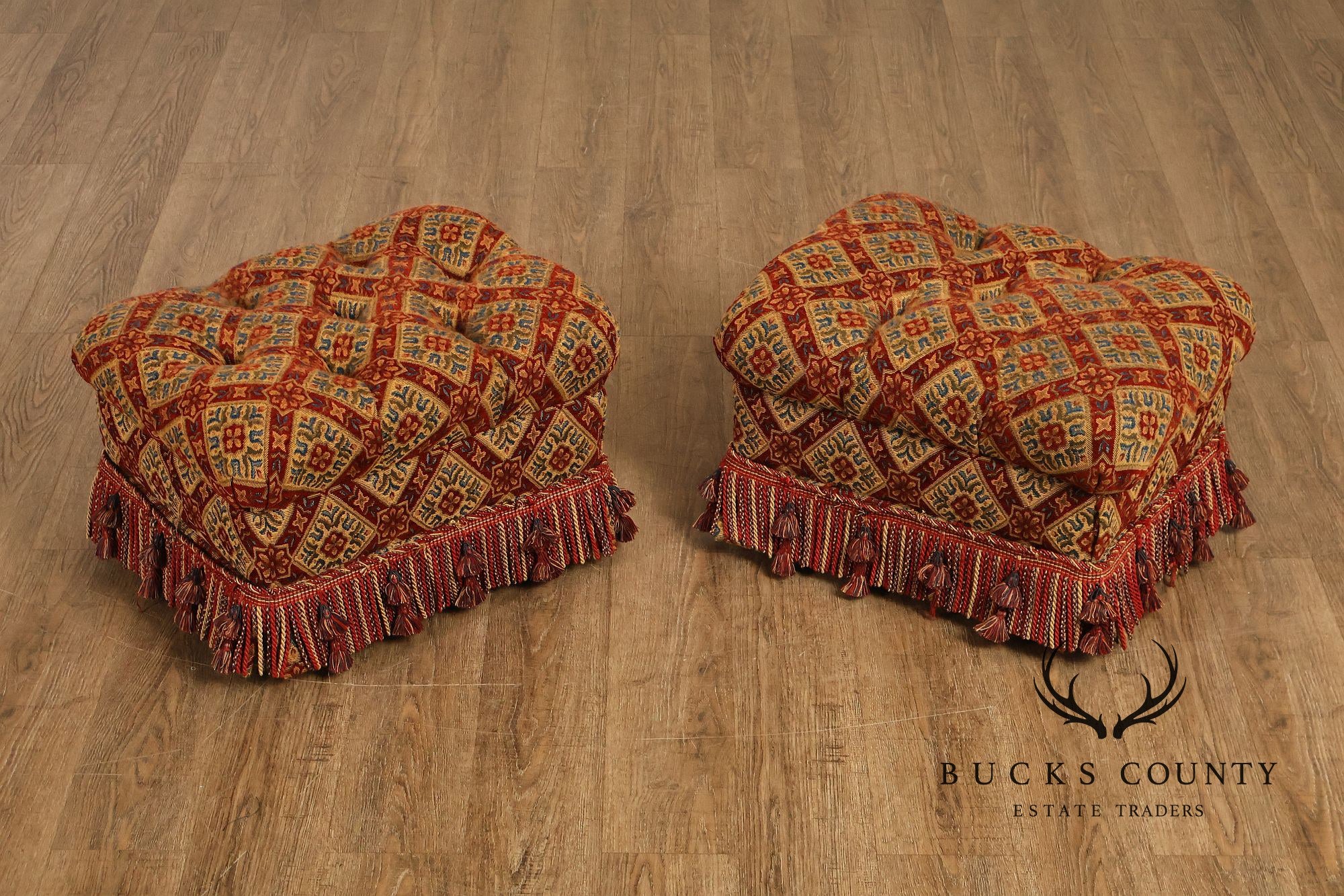 Pair of Tufted Upholstered Tassel Fringe Footstools Ottomans