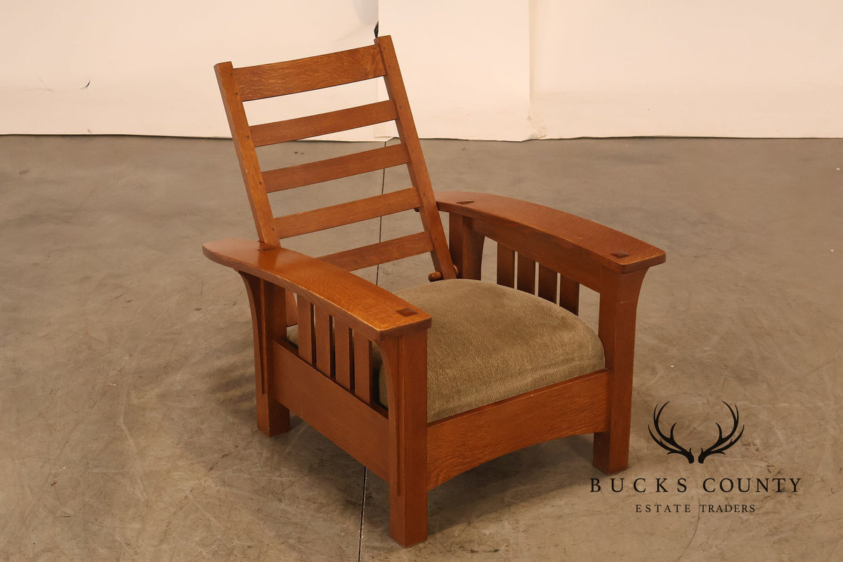 Stickley Mission Collection Oak And Custom Upholstery Bow Arm Morris Chair