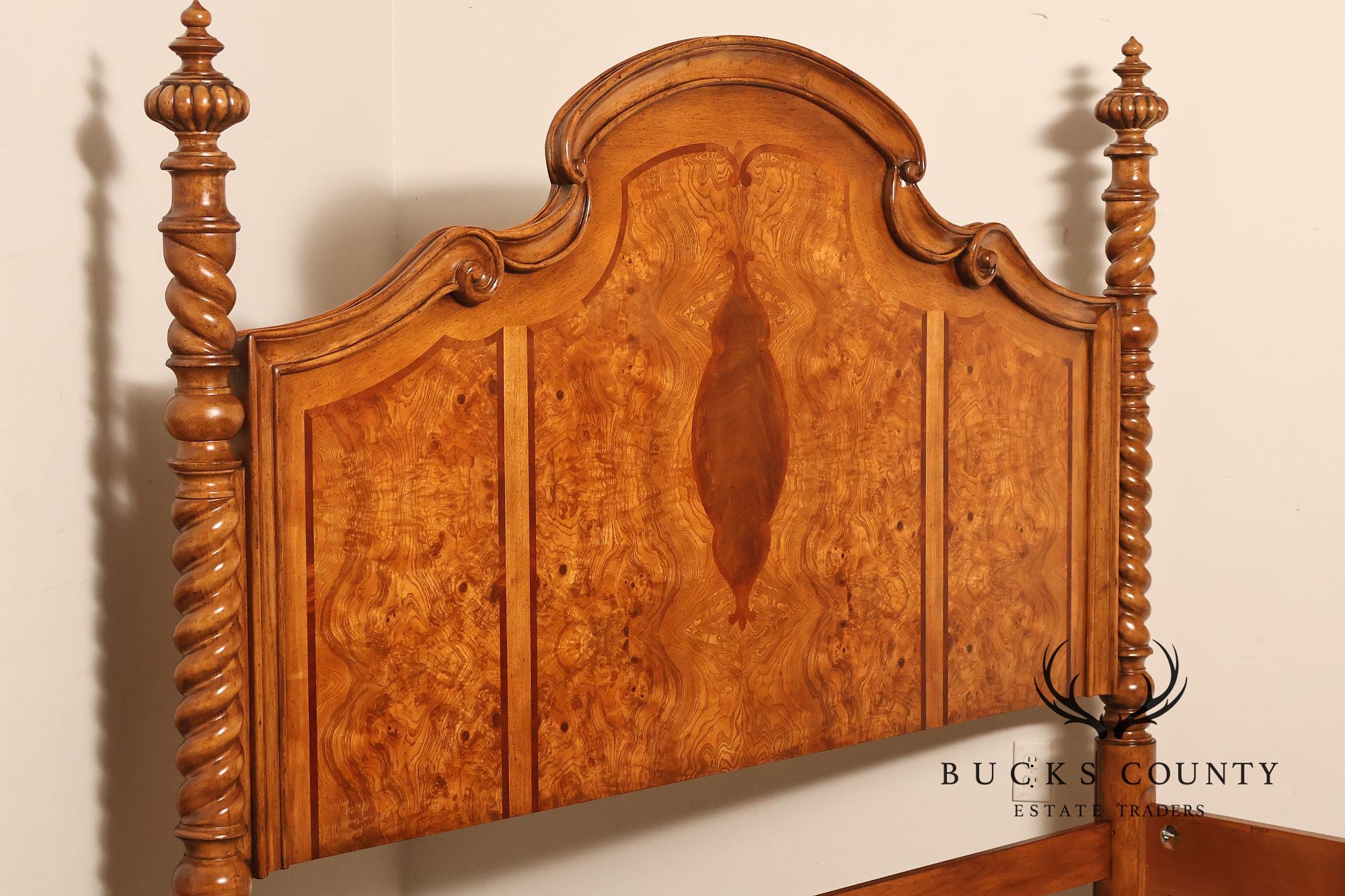 Drexel Heritage Venetian Collection Bookmatched Burl Wood King Four Poster Bed