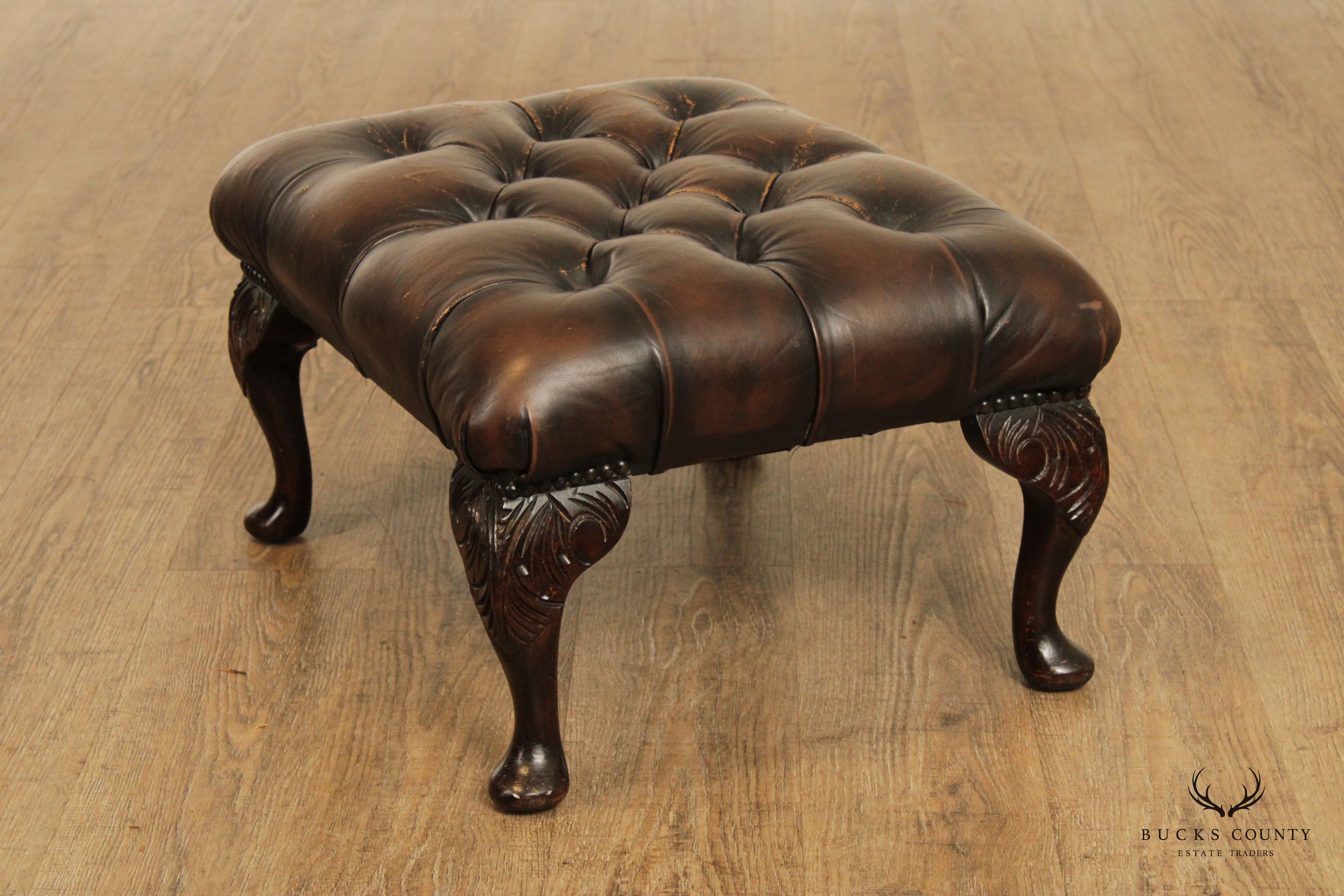 Georgian Style Vintage Tufted Leather Foot Stool