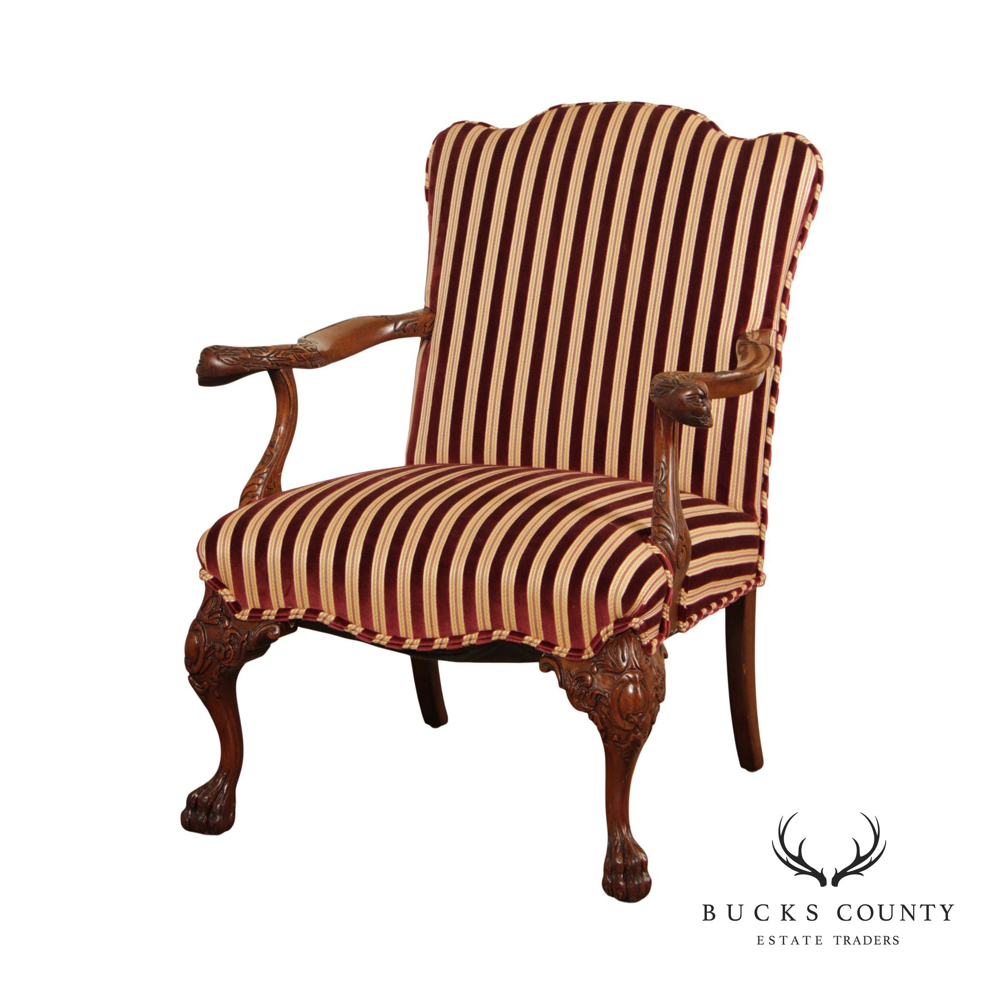 Georgian Style Carved Mahogany Paw Foot Fireplace Armchair