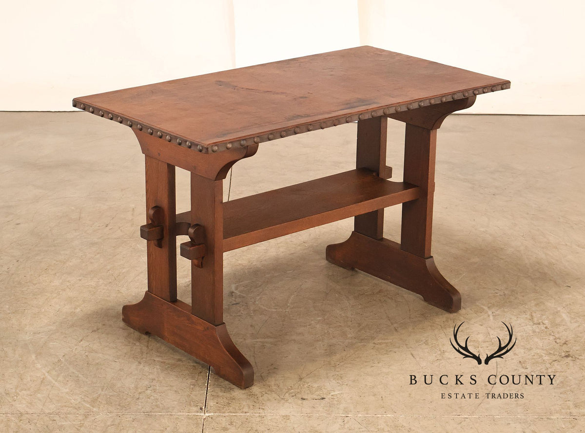 Rare Narrow Antique Gustav Stickley Mission Oak Leather Top Trestle Table