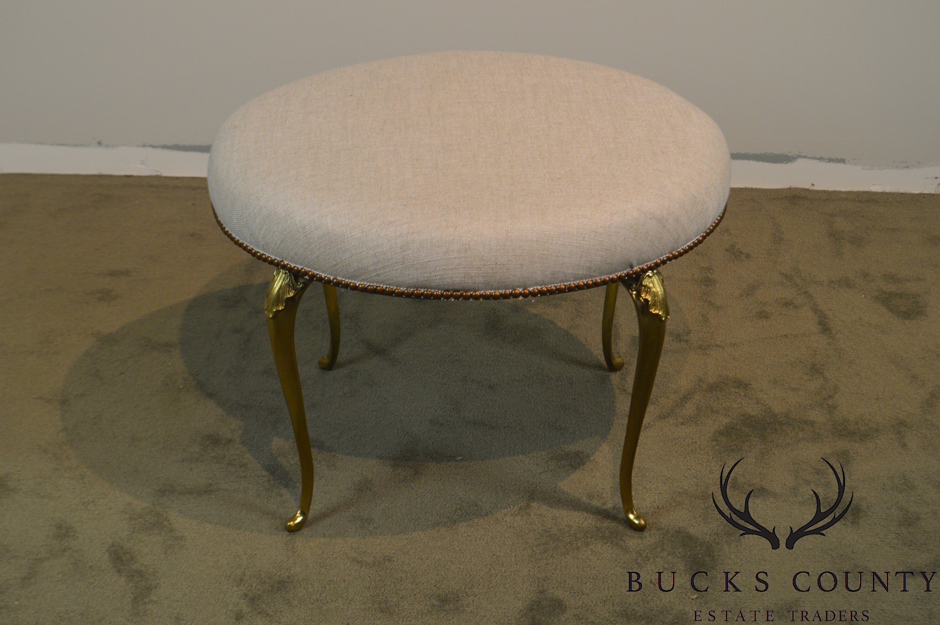 Italian Vintage Brass Frame Round Ottoman or Stool