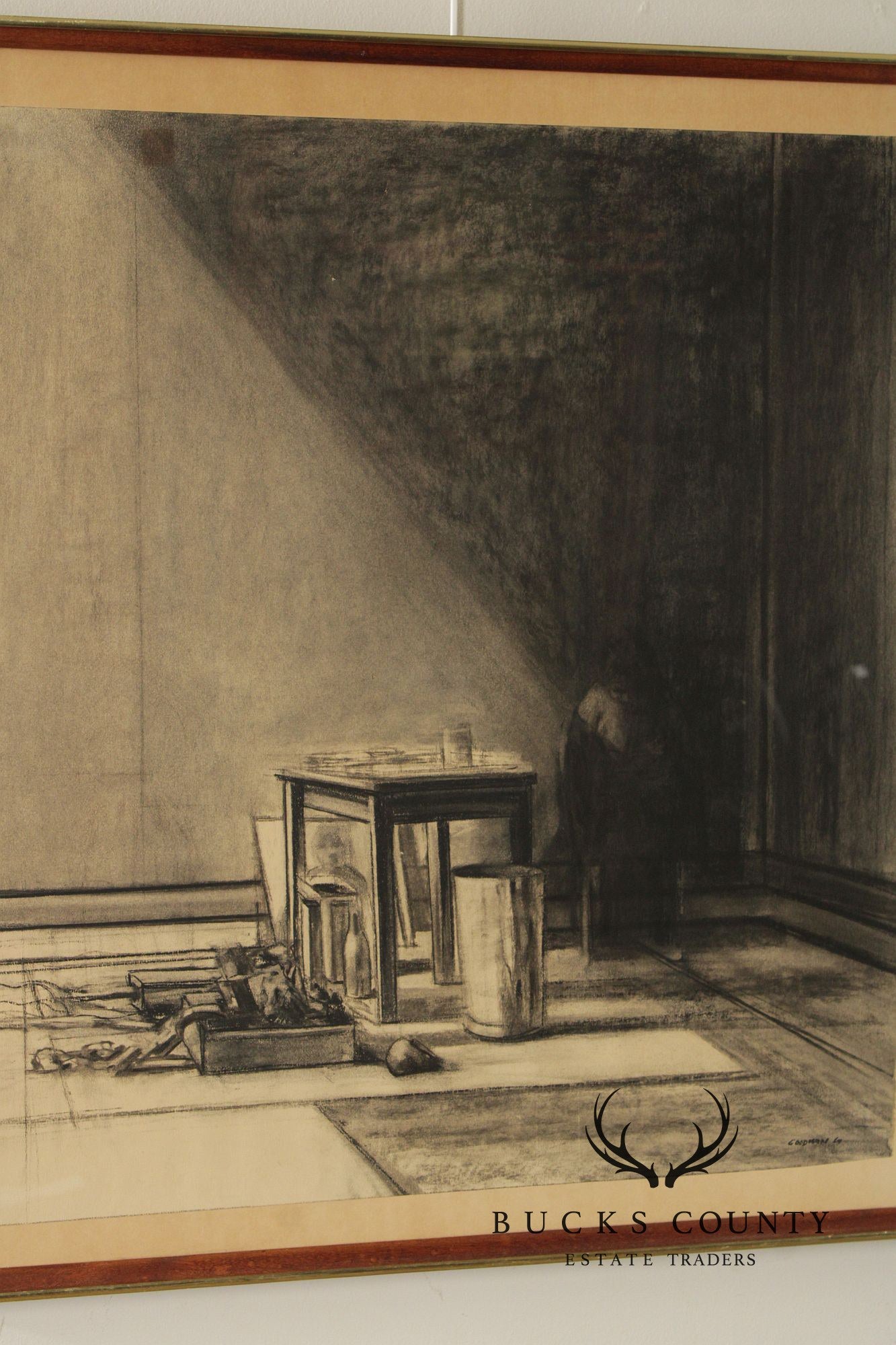 Sidney Goodman Charcoal Drawing, 'Interior with Figure'